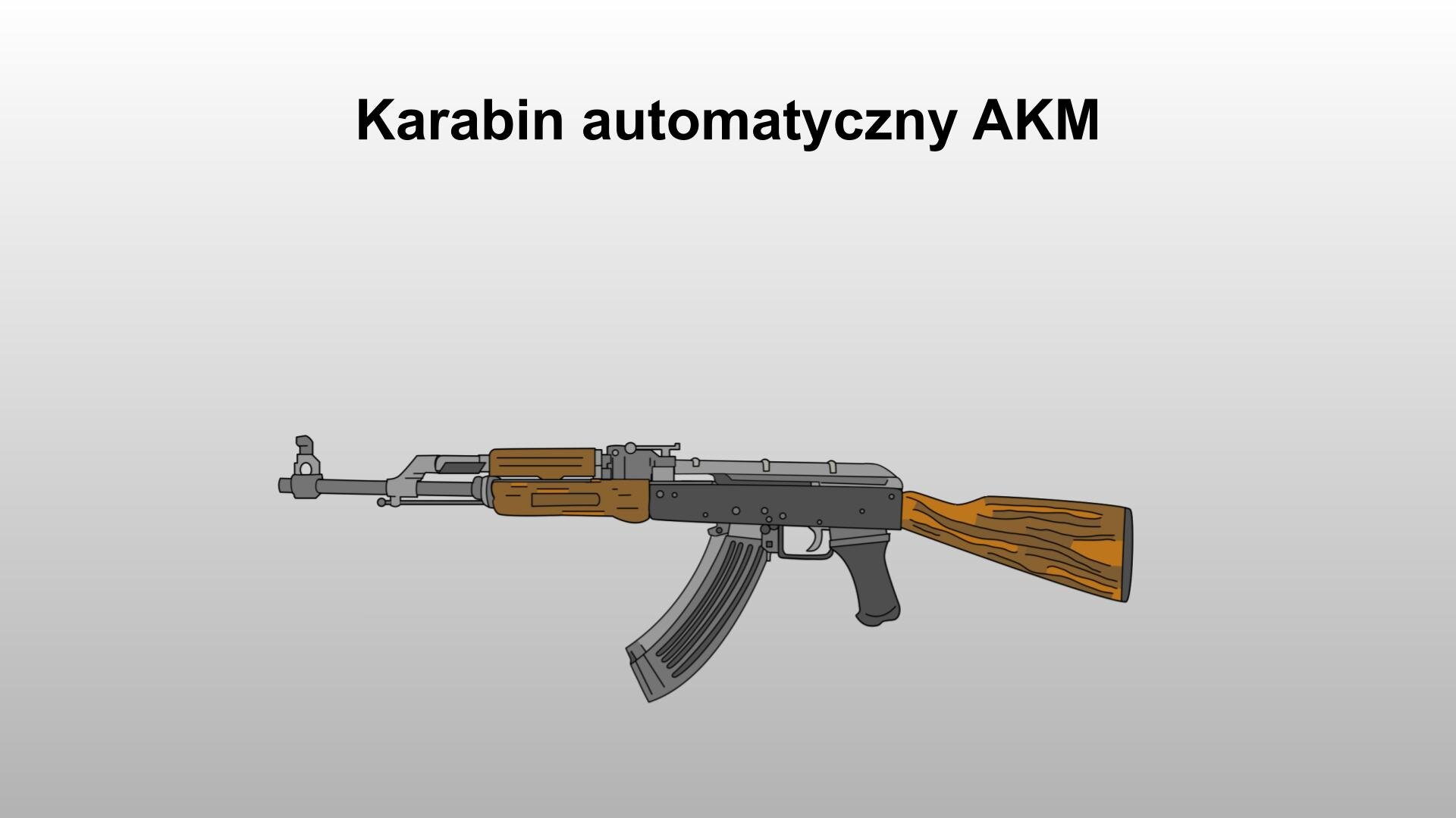 Jasnoszara plansza. U góry napis: „Karabin automatyczny AKM”. Poniżej rysunek szaro‑brązowego karabinu.