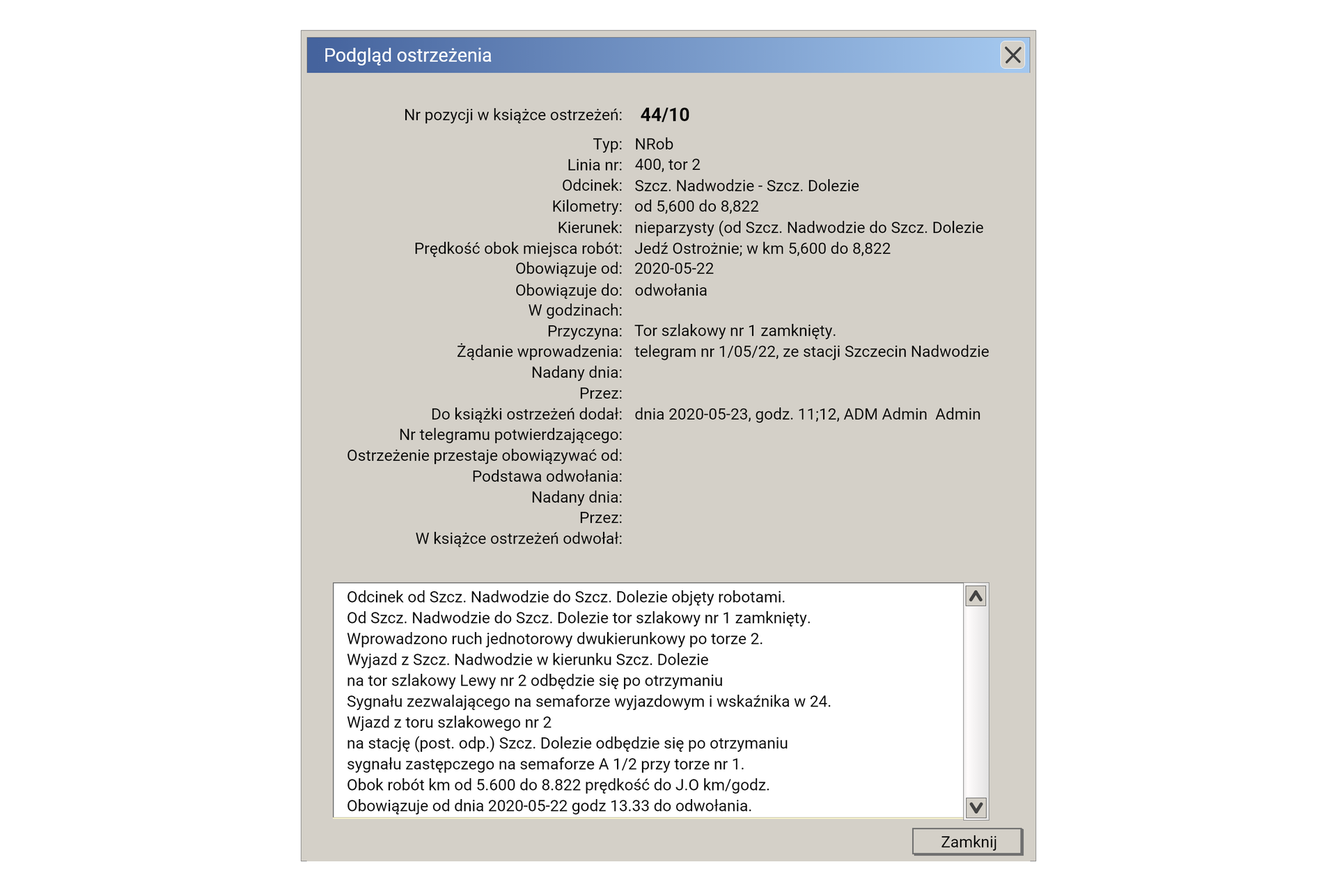 Podgląd ostrzeżenia w programie SERWO