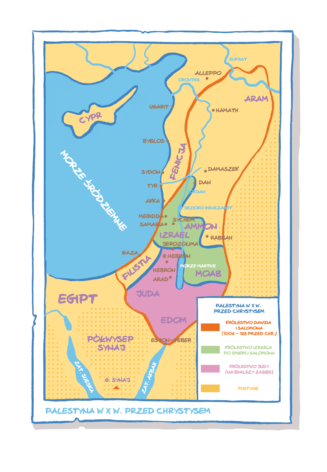 Kliknij, aby powiększyć. Rysunek przedstawia mapę ukazującą położenie Palestyny w X wieku przed Chrystusem. Mapa ukazuje wschodnią część Morza Śródziemnego oraz otaczający ją z góry, z boku i z dołu ląd. Z lewej strony mapy widać fragment niebieskiego Morza Śródziemnego i wyspę Cypr, natomiast po prawej stronie widać żółty ląd, poprzecinany niebieskimi kreskami oznaczającymi rzeki, a także niebieską plamę, oznaczającą Morze Martwe. Na styku Morza Śródziemnego i lądu widać punkty oznaczające porty, takie jak (od góry do dołu): Ugarit, Byblos, Sydon, Tyr, Akka, Megidda, Samara, Gaza. Na żółtym tle lądu poprowadzono granice różnych królestw. Czerwonym kolorem obramowano obszar Królestwa Dawida i Salomona, które zajmuje część wybrzeża Morza Śródziemnego i ma wydłużony kształt. W obrębie czerwonej linii oznaczającej obszar Królestwa Dawida i Salomona zaznaczono zielonym kolorem w jego środkowej części Królestwo Izraela po śmierci Salomona, które styka się z brzegiem Morza Śródziemnego i ciągnie się w głąb lądu. W Królestwie Izraela po śmierci Salomona naniesiona na mapie napisy oznaczające krainy: Moab, Izrael, Ammon, a także zaznaczono punktami miasta Sychem i Jerozolima oraz porty Megidda i Samara. Poniżej Królestwa Izraela po śmierci Salomona znajduje się oznaczone fioletowym kolorem królestwo Judy, które nie styka się z Morzem Śródziemnym i znajduje się w głębi lądu. W Królestwie Judy naniesiono na mapę napisy oznaczające krainy Juda i Edom, a także zaznaczono punktami miasta G. Hebron, Hebron i Arad. Między Królestwem Judy a Królestwem Izraela po śmierci Salomona znajduje się podłużna, niewielka niebieska plama oznaczająca Morze Martwe. Żółtym kolorem zaznaczono pustynie, które ze wszystkich stron otaczają wymienione krainy. Na mapie, oprócz już wymienionych miast, zaznaczono jeszcze punktami miasta będące w obrębie Królestwa Dawida i Salomona, takie jak: Hamath, Damaszek, Dan, Rabbah, Hebron. Nad Królestwem Dawida i Salomona oznaczono jeszcze na mapie miasto Aleppo. Na dole mapy widać dwie podłużne niebieskie plamy – jedna z nich to Zatoka Sueska, a druga to Zatoka Akbar, natomiast ląd między nimi jest podpisany jako Półwysep Synaj. Na mapie opisano też kraje i krainy takie jak (od dołu do góry): Egipt, Filistia, Fenicja, Juda, Edam, Izrael, Moab, Edom, Ammon.