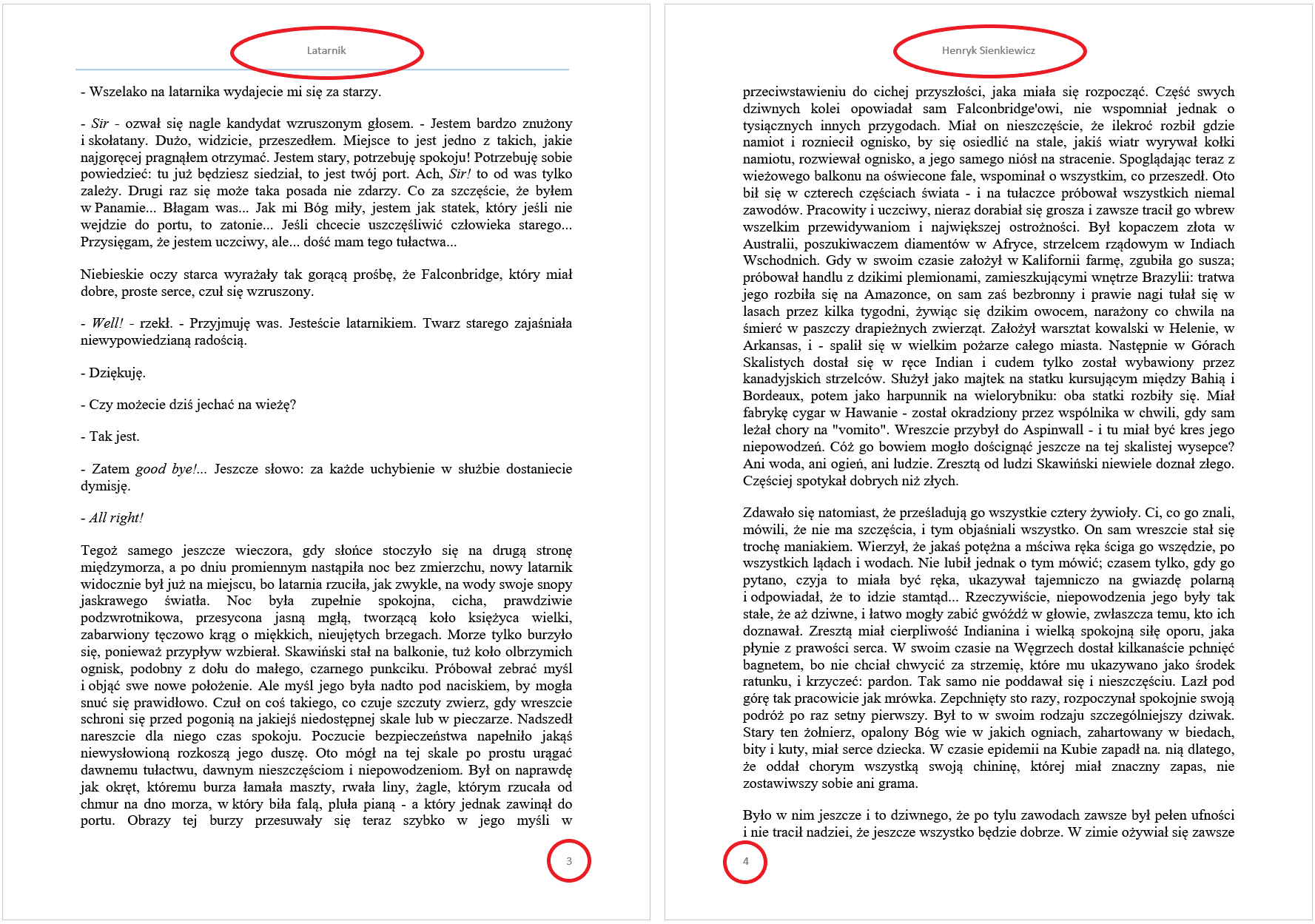 Zrzut ekranu zaznacza nagłówki i stopki. Parzysta strona ma inny tekst w nagłówku i stopce niż strona nieparzysta. 