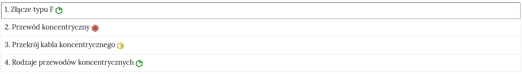 Przykładowy wygląd zakładek zawierających interaktywne materiały sprawdzające. Na zdjęciu jest to rząd umieszczonych pod sobą ćwiczeń wraz z ich tytułami. Każde ćwiczenie, po prawej stronie od tytułu, posiada znaczek określający poziom trudności.