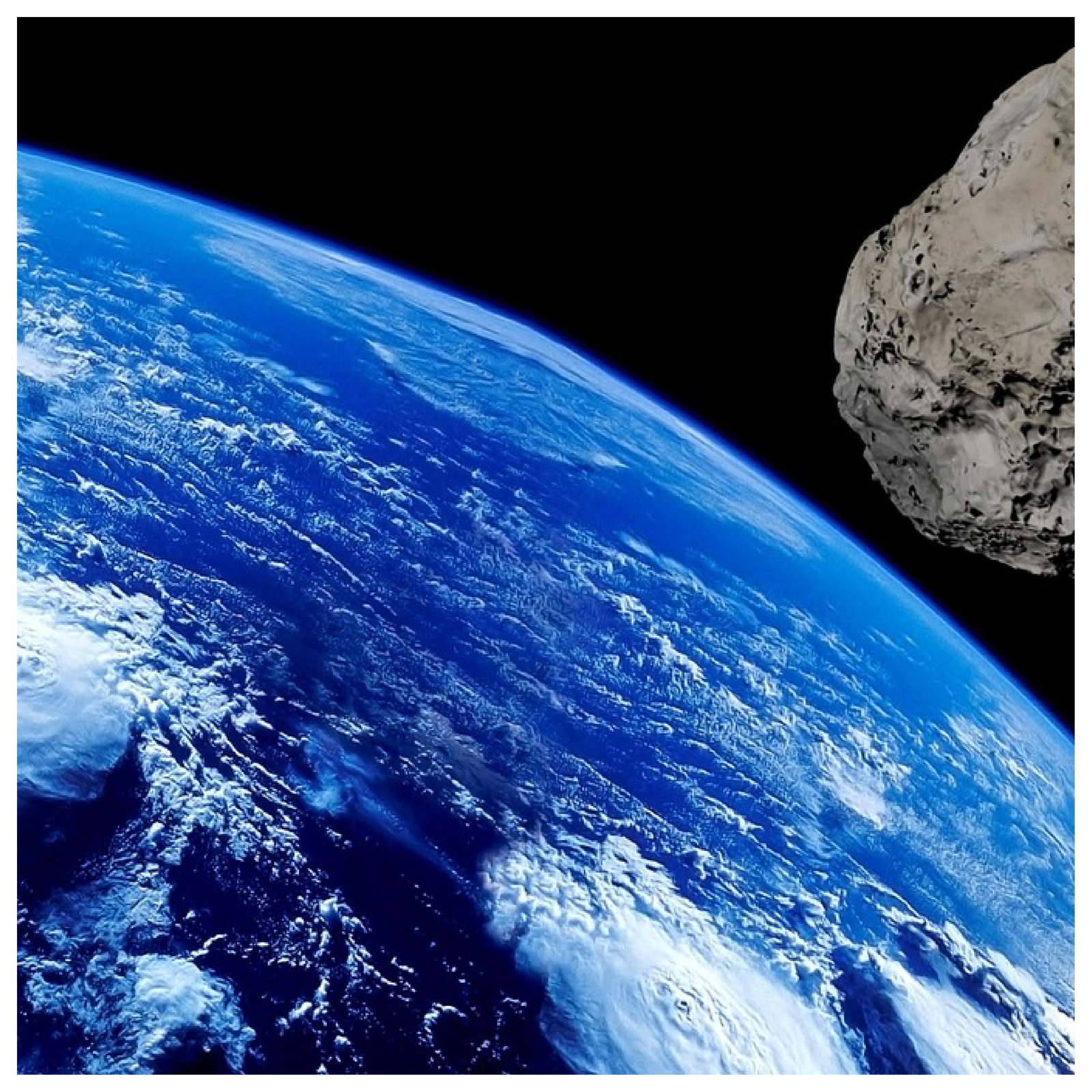 Ilustracja przedstawia asteroidę zbliżającą się ku Ziemi.