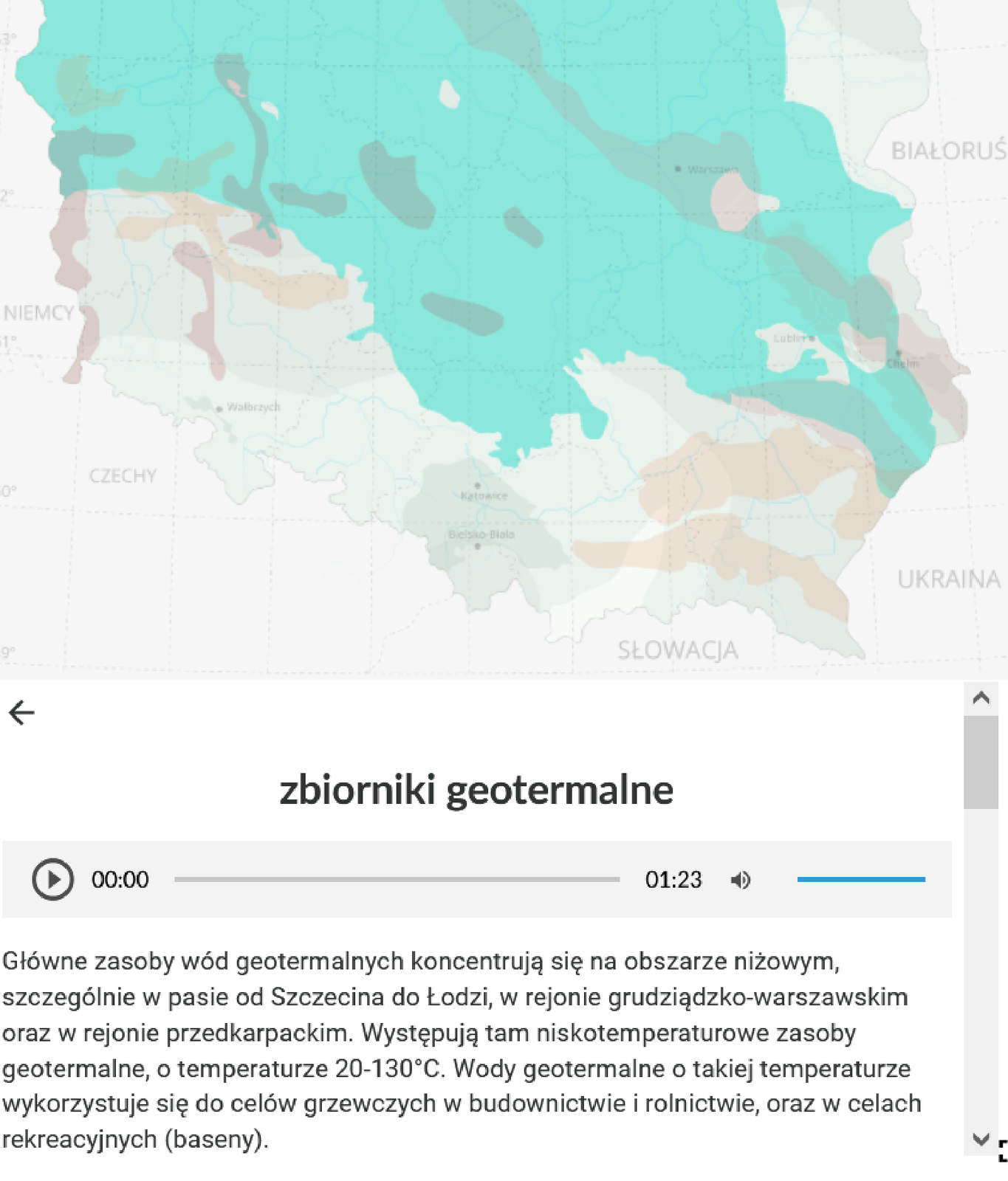 Na ilustracji znajduje się mapa interaktywna. Grafikę częściowo przysłania okno z rozwiniętą informacją. Panel zawiera informacje na temat zbiorników geotermalnych. Na górze wyświetlonego pola znajduje się pasek odtwarzania z nagraniem o treści tożsamej z informacjami poniżej.