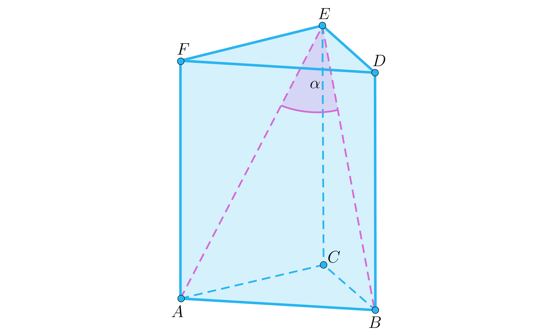 Ilustracja przedstawia graniastosłup prawidłowy trójkątny A B C D E F. Zaznaczono przekątne ścian bocznych A E i B E. Przekątne te tworzą kąt alfa. 