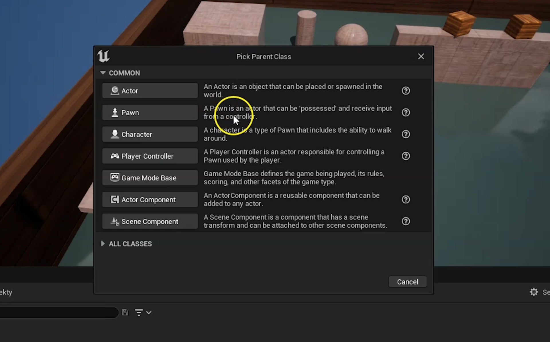 Zrzut ekranu przedstawia okno wyboru Parent Class. Znajdują się w nim pola wyboru wraz z definicjami w języku angielskim. Są to kolejno: Actor, Pawn, Character, Player Controller, Game Mode Base, Actor Component oraz Scene Component.