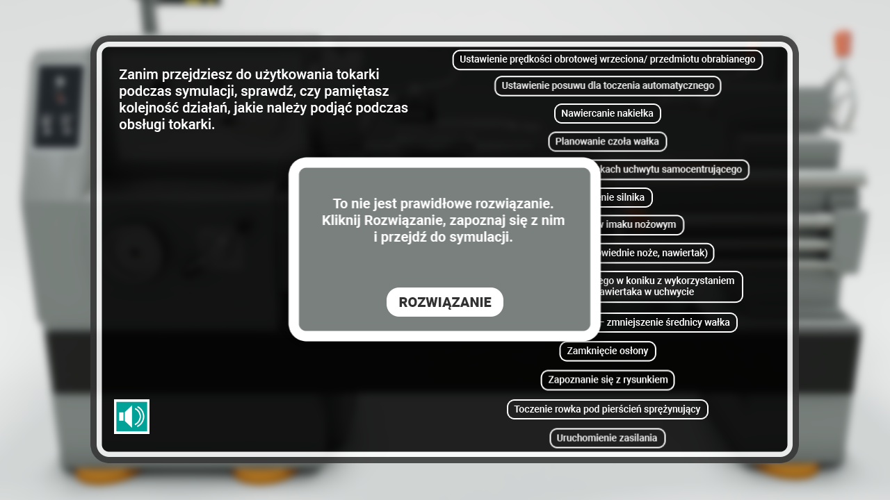 Ilustracja ukazuję ekran symulacji po złym zadania. Znajduję się Fitbakiem z negatywną informacją a pod nim biały przycisk z napisem rozwiązanie.