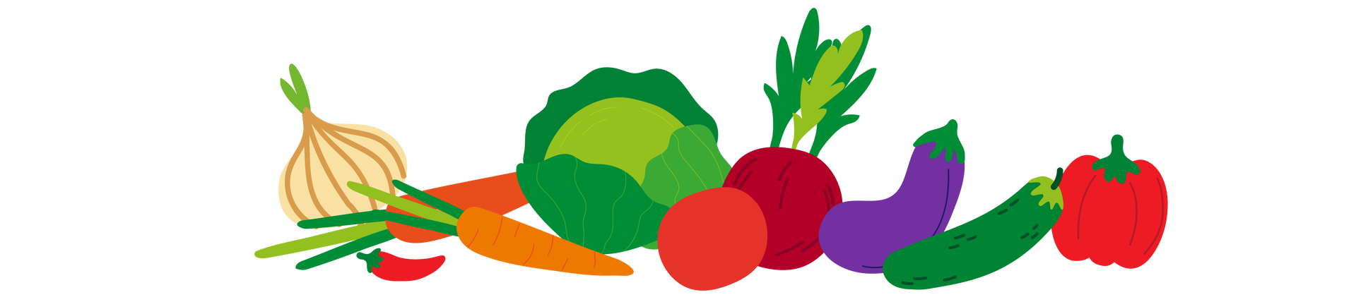 Ilustracja przedstawia warzywa ułożone blisko siebie. Od lewej strony są to: cebula, czerwona papryczka chili, dwie marchewki, sałata, pomidor, burak ćwikłowy, bakłażan, ogórek i czerwona papryka.