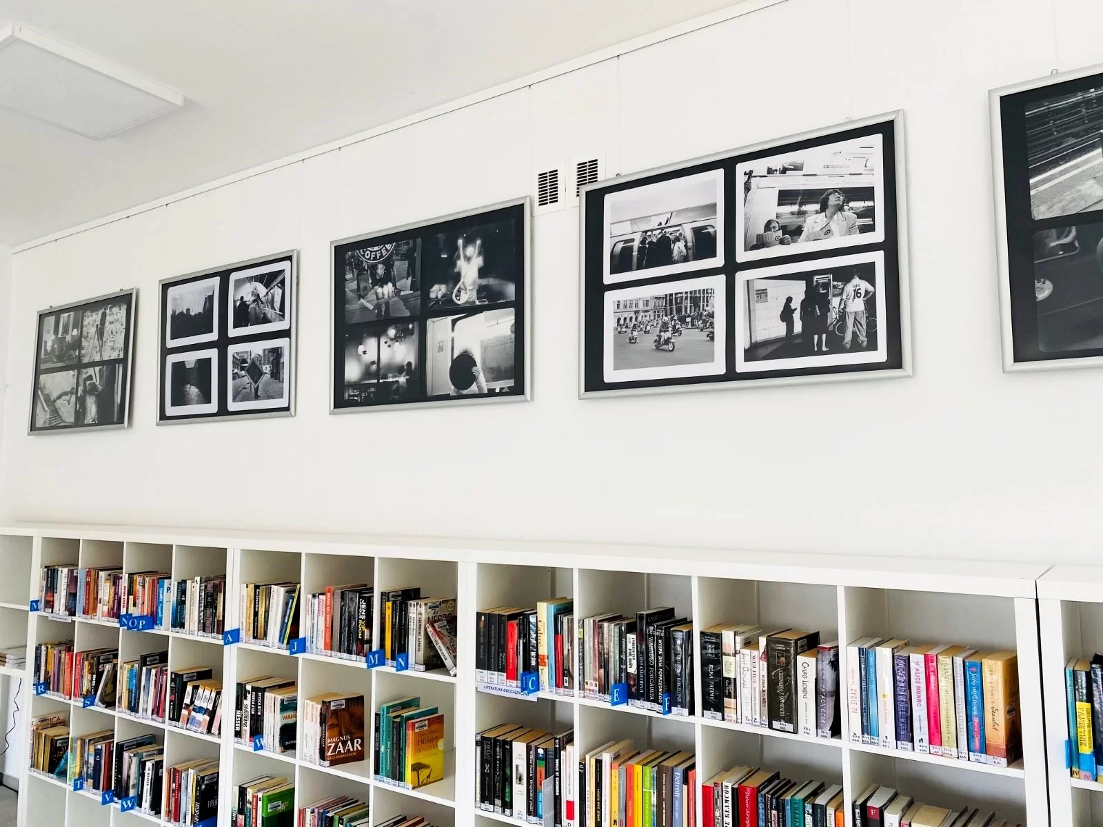 Zdjęcie pokazuje wystawę fotografii w bibliotece. Fotografie są  powiększone do dużych rozmiarów, pogrupowane po cztery i oprawione w proste, ciemne ramki, odcinające się od jasnej ściany. Zdjęcia zostały powieszone rzędem, w regularnych odstępach nad bibliotecznymi półkami.