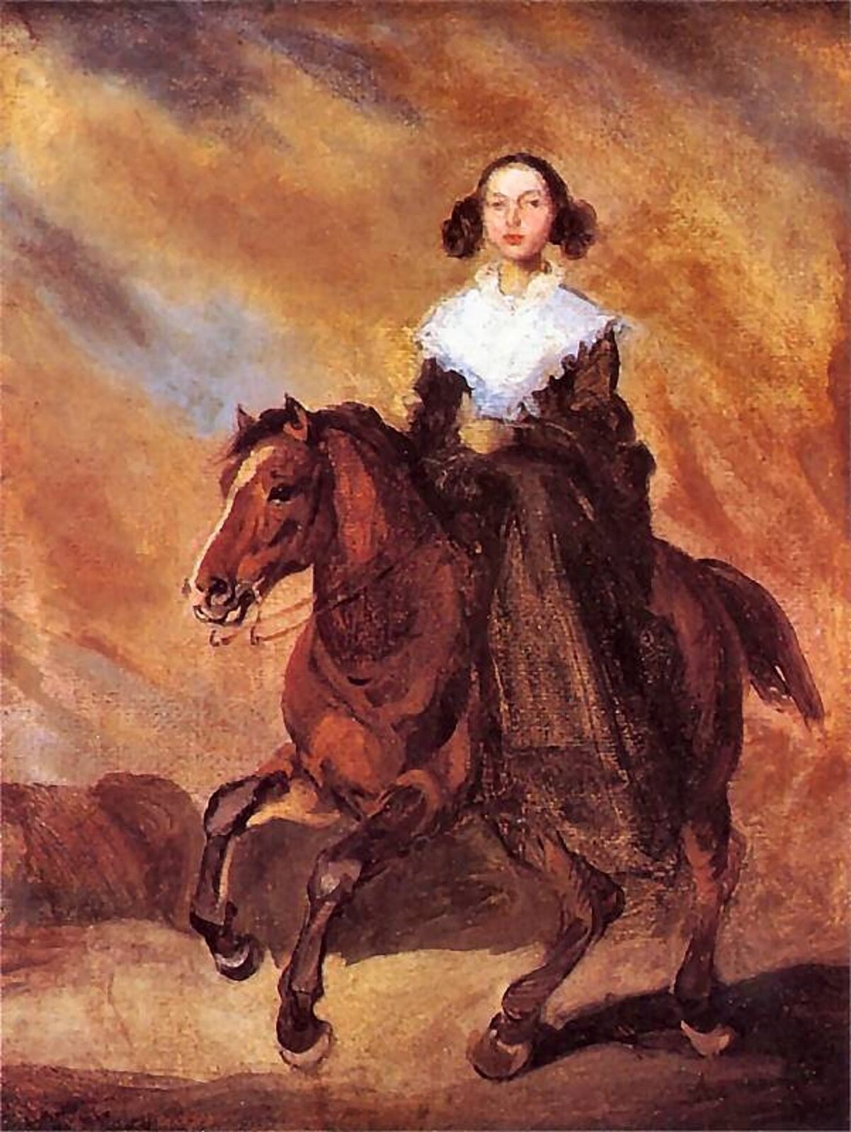 Ilustracja o kształcie pionowego prostokąta przedstawia obraz Piotra Michałowskiego „Amazonka”. Ukazuje kobietę siedzącą na brązowym koniu, który unosi przednie nogi. Bohaterka ma na sobie brązową, długą suknię z dużym, koronkowym, białym kołnierzem opadającym na ramiona. Ma gładko uczesane włosy, upięte w dwa koki po bokach. Siedzi sztywno z twarzą zwróconą w stronę widza. Tło utrzymane jest w jasnych, pastelowych barwach, namalowane jest ukośnymi pociągnięciami pędzla.