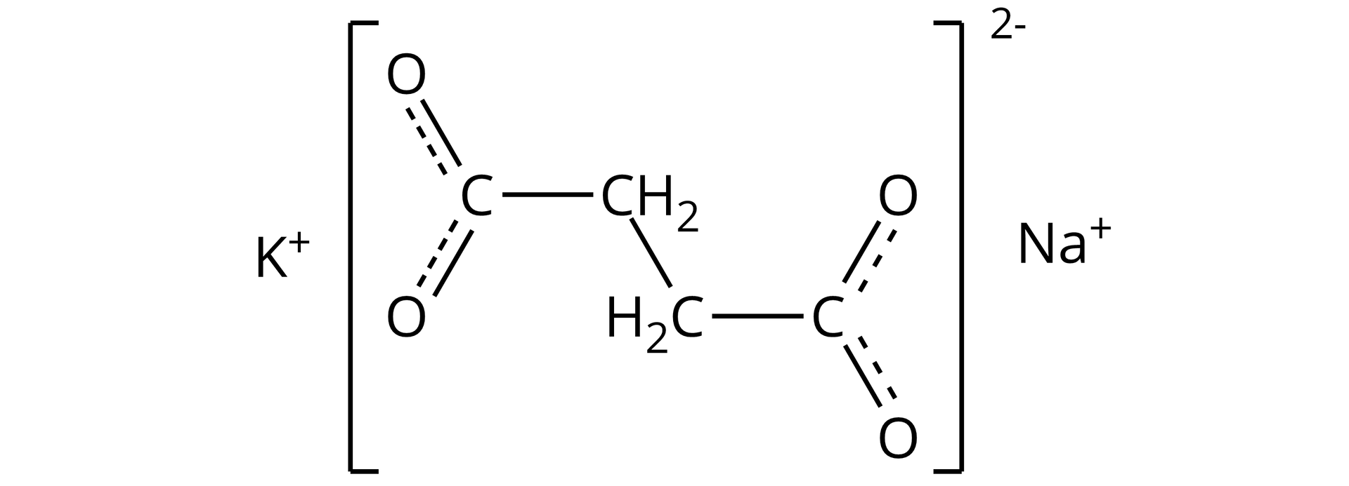 Ilustracja przedstawiająca cząsteczkę soli kwasu karboksylowego. W nawiasie kwadratowym, względem którego w indeksie górnym znajduje się dwa minus anion o strukturze dwie grupy CH2 połączone wiązaniem pojedynczym, każda z nich związana z atomem węgla, który to łączy się z dwoma atomami tlenu za pomocą wiązań pojedynczych i przerywanych, co stanowi o strukturze uśrednionej  pomiędzy dwiema formami rezonansowymi. Po lewej stronie od nawiasu kation potasowy K+, zaś po prawej kation sodowy Na+.