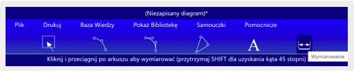 Ilustracja przedstawia stronę startową programu komputerowego. Znajdują się tam przyciski menu: plik, drukuj, baza wiedzy, biblioteka, samouczki, pomocnicze. Poniżej zaznaczona jest opcja Wymiarowanie.