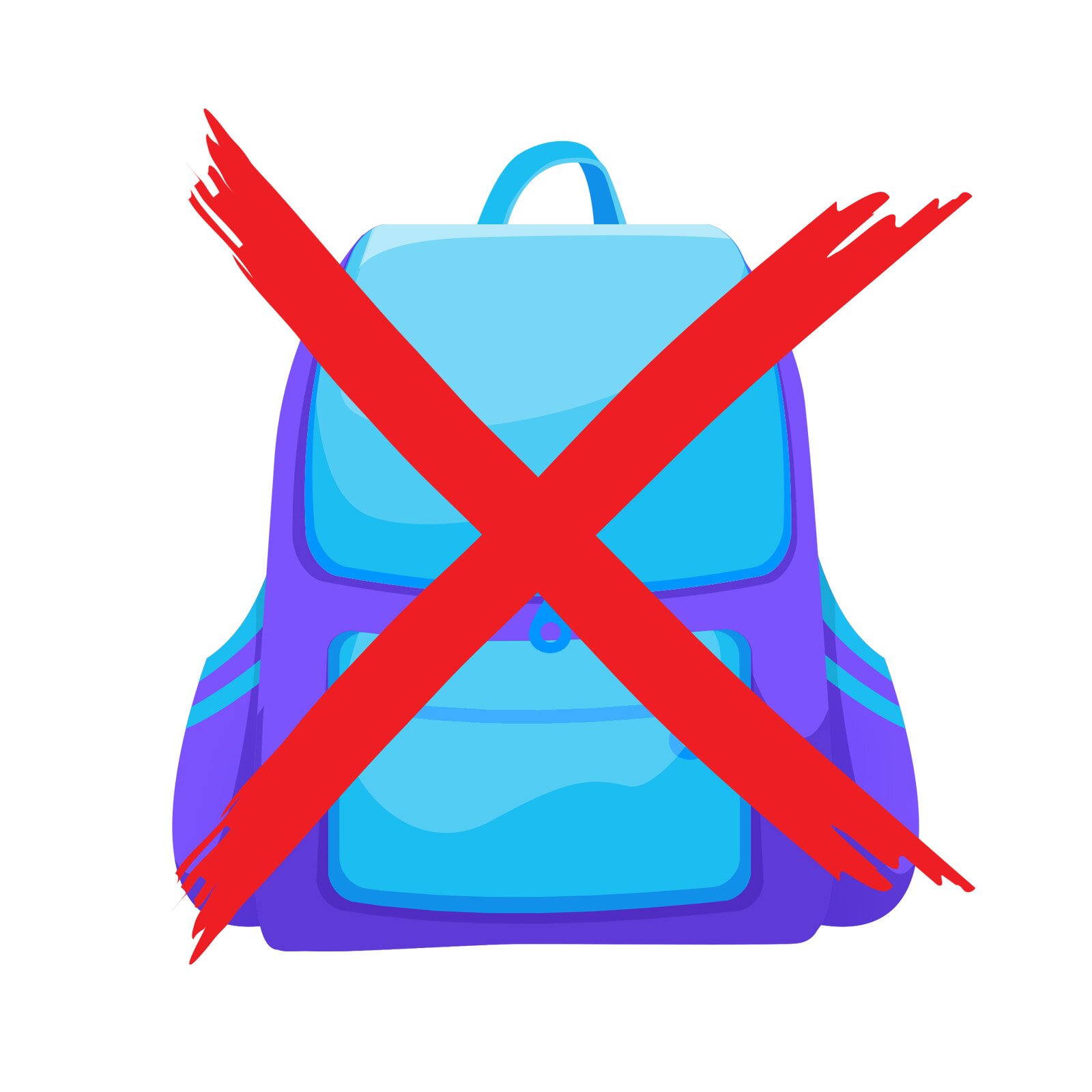 Ilustracja przedstawia plecak szkolny. Przekreślony jest na czerwono.