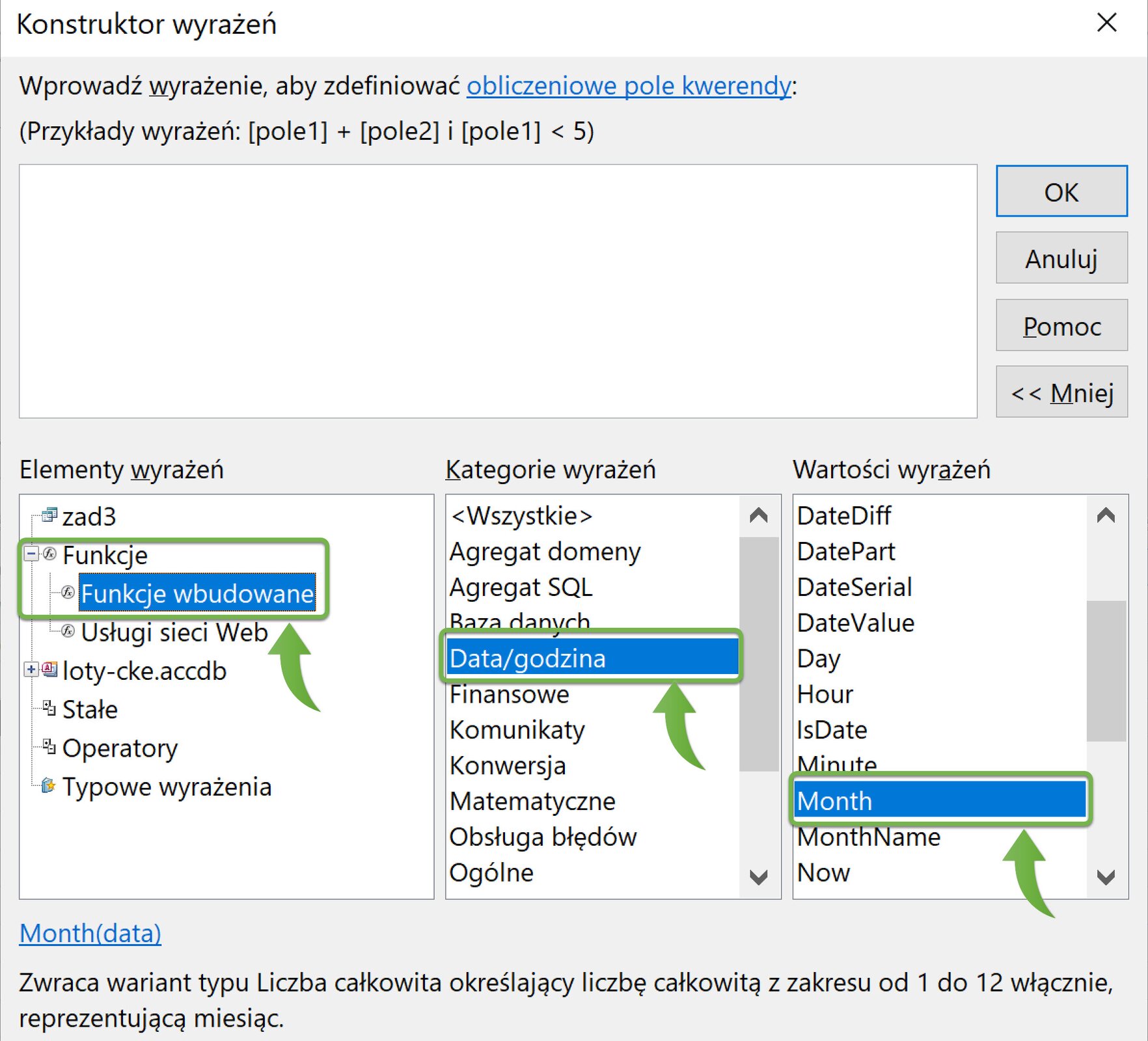 Ilustracja przedstawia okno dotyczące Konstruktora wyrażeń. Na początku jest zdanie: Wprowadź wyrażenie, aby zdefiniować obliczeniowe pole kwerendy: (Przykłady wyrażeń: [pole1] + [pole2] i [pole1]<5). Poniżej jest niezapisany obszar. Następnie są trzy sekcje: Elementy wyrażeń, w której zaznaczono Funkcje wbudowane, następnie są Kategorie wyrażeń z zaznaczoną opcją Data/godzina, ostatnia sekcja to Wartości wyrażeń z wybraną opcją Month.   