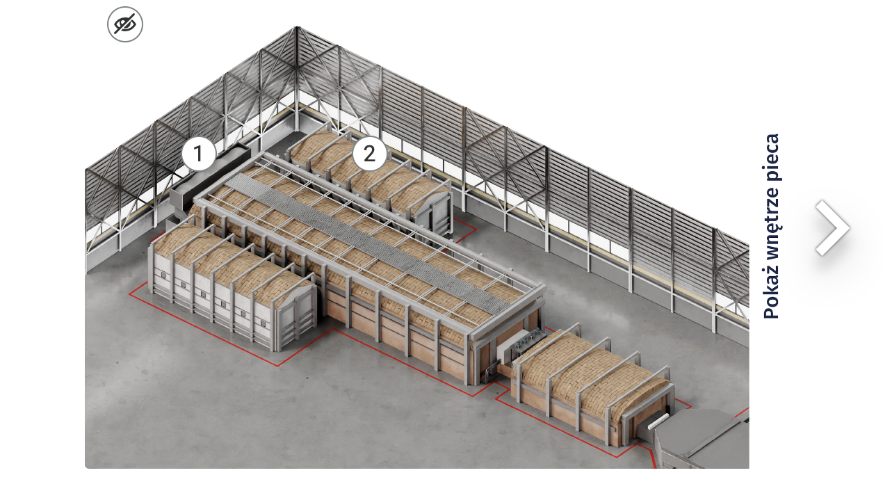 Ilustracja przedstawia przykładowy widok grafiki interaktywnej. Ilustracja interaktywna przedstawia zewnętrzną, naziemną część pieca float. Jest on zbudowany z czerech sześciennych komór. Dwóch średniej wielkości komór regeneratora, które znajdują się po obu stronach głównej komory z wanną. Za główną, duża komorą znajduje się niewielka komora. Do głównej części pieca prowadzi zsyp zestawu. Na ilustracji znajdują się dwa punkty interaktywne. Po prawej stronie znajduje się napis: Pokaż wnętrze pieca i strzałka prowadząca do kolejnej ilustracji.