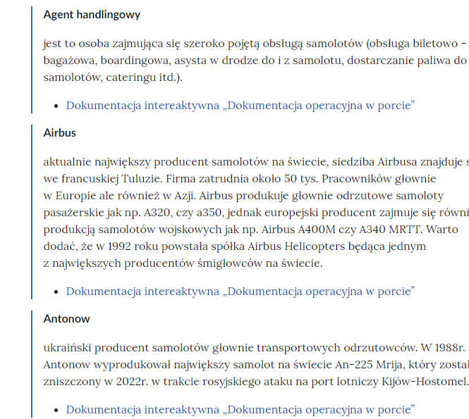 Zrzut ekranu przedstawia kilka pojęć ze Słownika. Konstrukcja jest następująca: pojęcie, poniżej jego wyjaśnienie, a pod nim znajduje się link, po którego kliknięciu użytkownik przenosi się do rozdziału w tym materiale, w którym dane pojęcie jest wykorzystywane. Linków może być jeden lub kilka, w zależności od tego, w ilu rozdziałach użyto pojęcia.
