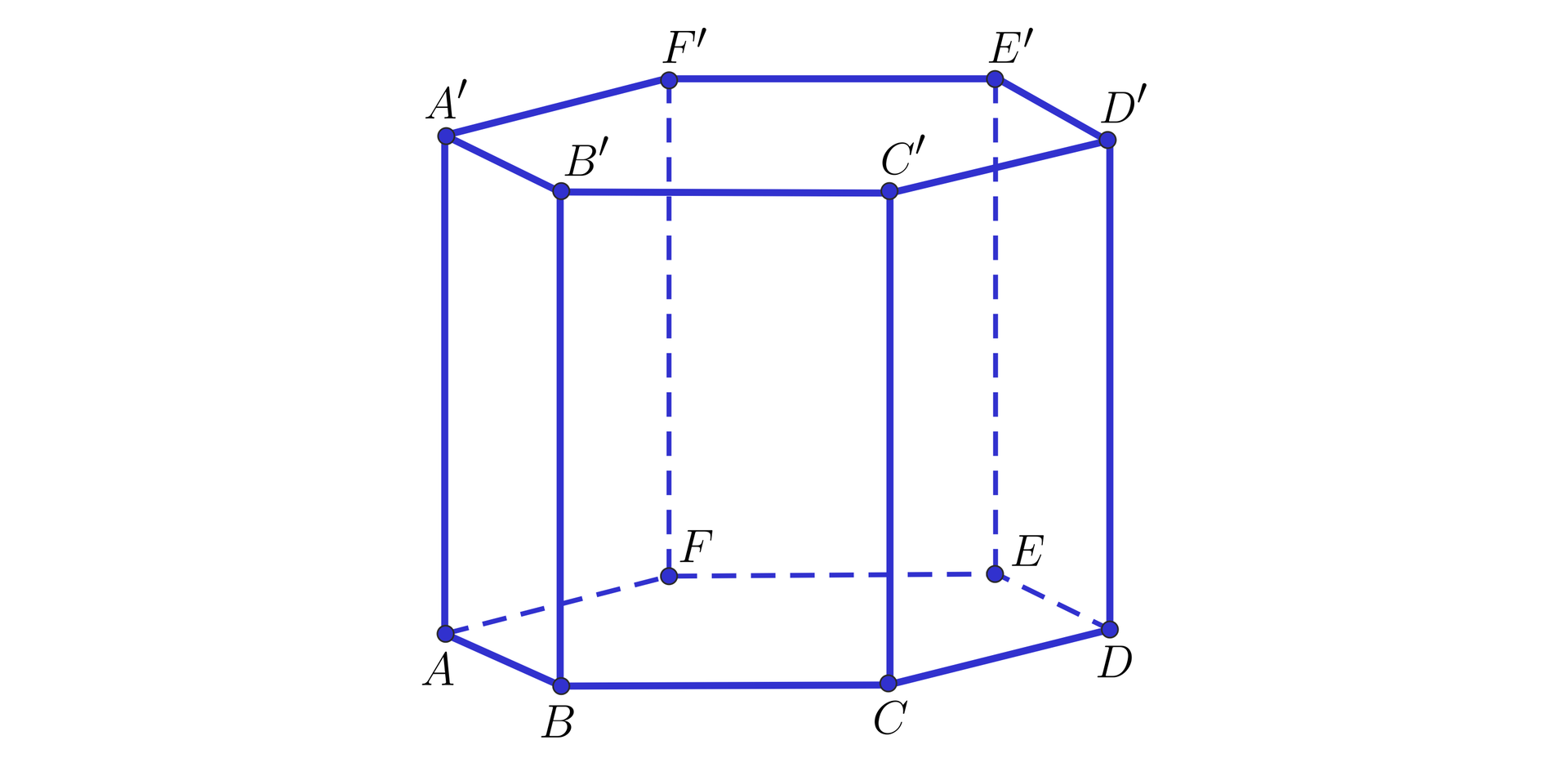 Grafika przedstawia graniastosłup prawidłowy sześciokątny, którego wierzchołki dolnej podstawy opisano A, B, C, D, E, F  a wierzchołki górnej podstawy opisano: A', B', C', D', E', F'.