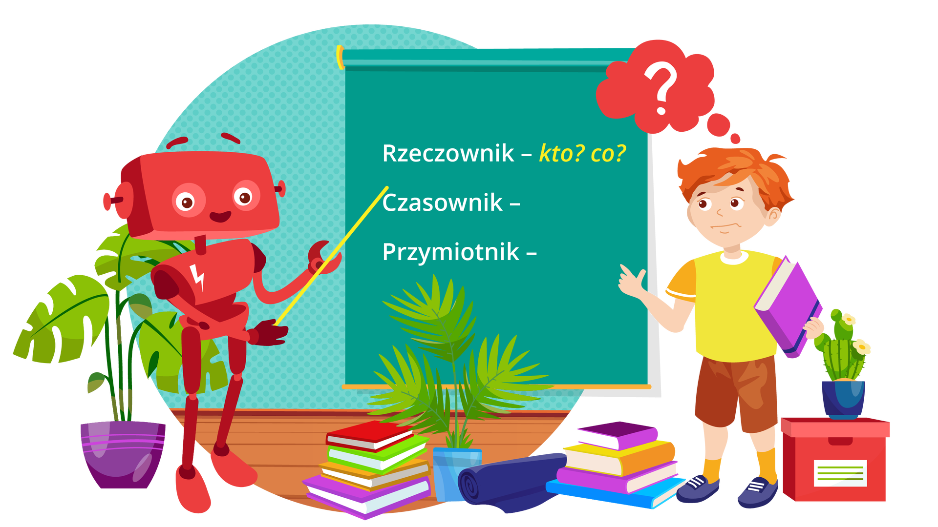 Ilustracja przedstawia pomieszczenie, w którym na zielonej ścianie w kropki wisi rozwijany zielony ekran. Widnieje na nim napis: „Rzeczownik – kto? co?; Czasownik –; Przymiotnik –”. Po lewej stronie, na drewnianej podłodze, stoi zielona roślina o dużych liściach w fioletowej donicy. Obok niej stoi uśmiechnięty Zgrzytek. Jest to czerwony robot o prostokątnej głowie z krótkimi antenkami zamiast uszu, dwiema rękami i dwiema nogami. Na przedniej części jego tułowia widnieje biały znaczek w postaci błyskawicy. Zgrzytek trzyma w prawej dłoni długi żółty wskaźnik, którym pokazuje tekst znajdujący się na ekranie. Na pierwszym planie, na podłodze, leży stos czterech książek. Pierwsza ma czerwoną okładkę, druga zieloną, trzecia pomarańczową, a czwarta fioletową. Dalej na prawo stoi duża zielona roślina w niebieskiej donicy, a obok niej leży rulon granatowego papieru. Przy rulonie znajduje się kolejny stos czterech książek. Pierwsza ma ciemnofioletową okładkę, druga pomarańczową, trzecia fioletową, a czwarta niebieską. Po prawej stronie ilustracji znajduje się duże czerwone pudełko z pokrywką. Jest na nim ustawiony zielony kaktus w granatowej donicy. Na lewo od pudełka stoi zamyślony Franek. W lewej dłoni trzyma książkę w fioletowej okładce. Palec wskazujący prawej dłoni kieruje w stronę ekranu. Nad głową chłopca unosi się czerwony dymek z białym znakiem zapytania.