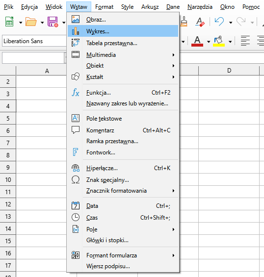 Ilustracja przedstawia fragment dokumentu i pasek menu programu  LibreOffice Writer . W górnej części znajdują się zakładki: Plik, Edycja, Widok, Wstaw, Format, Style, Arkusz, Dane, Narzędzia, Okno i Pomoc. Wybrana jest zakładka Wstaw i rozwinięta lista z opcjami menu. Zaznaczona jest pozycja z listy: Wykres… .