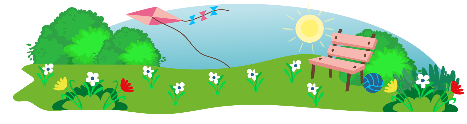 Ilustracja przedstawia zieloną polanę. W tle widać błękitne niebo ze słońcem. Po lewej i prawej stronie rosną bujne zielone krzewy, a na całej polanie białe, żółte oraz czerwone kwiaty. Po prawej stronie stoi jasnoróżowa ławka, obok której leży ciemnoniebieska piłka. Po niebie leci różowy latawiec.