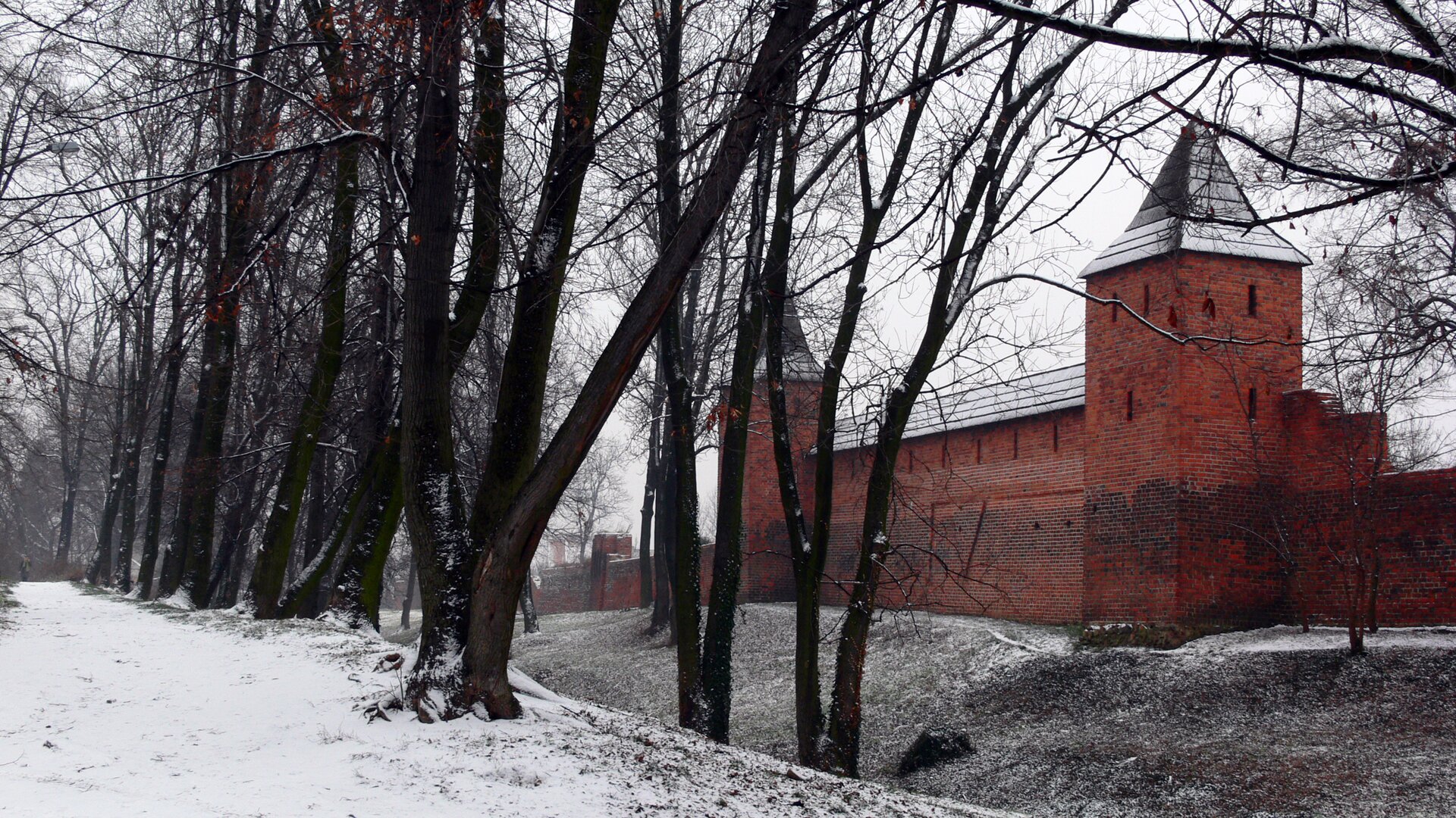 Na zdjęciu znajdują się ceglane mury obronne Środy Śląskiej. Zdjęcie zostało wykonane z zewnętrznej strony miasta. Przed murami widać wyschniętą fosę i liczne drzewa. Wszędzie zalega śnieg.  