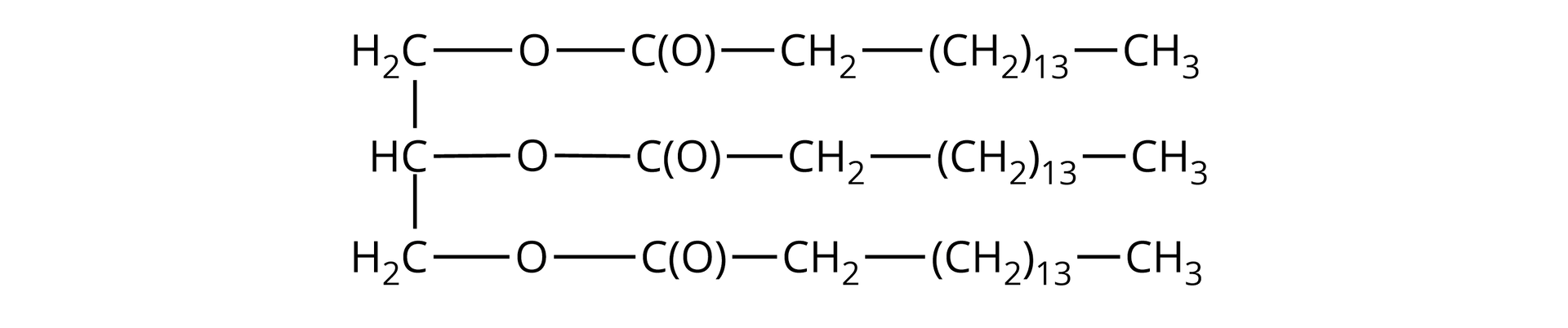 Na ilustracji jest wzór: składa się z trzech równoległych łańcuchów - pierwszy i trzeci szereg rozpoczyna się od grupy metylenowej, drugi od grupy CH. Każda z grup łączy się z grupą COO, która łączy się z grupą metylenową, następnie z grupą metylenową trzynaście razy wziętą. Łączy się ona z grupą metylową.  