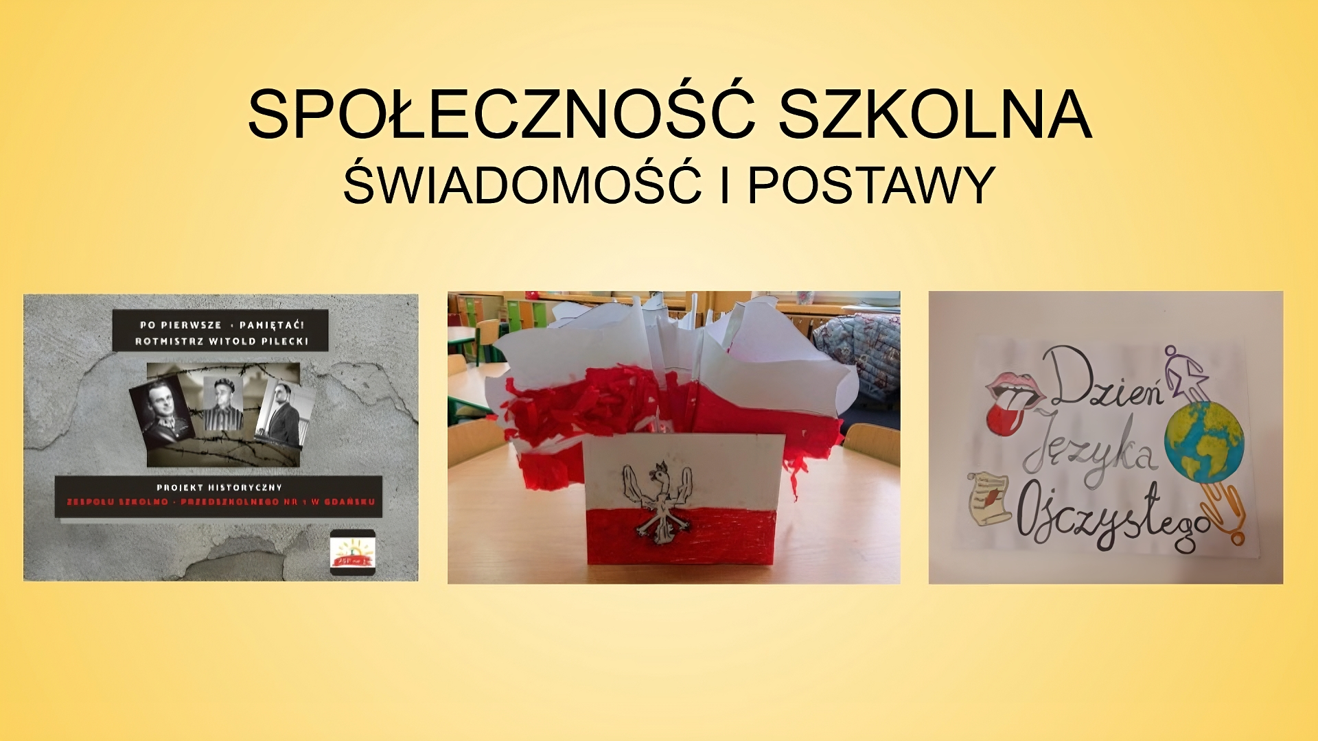 Slajd zatytułowany: Społeczność szkolna. Świadomość i postawy. Po lewej stronie slajdu widoczne jest zdjęcie przedstawiające jednego mężczyznę ukazanego na trzech fotografiach, nad którymi umieszczony jest napis: "Po pierwsze - pamiętać. Rotmistrz Witold Pilecki" . Na pierwszej fotografii, mężczyzna ubrany jest w mundur, na drugiej w strój więzienny, na trzeciej - w garnitur. Drugie zdjęcie po środku slajdu przedstawia papierowe flagi w kolorze biało‑czerwonym ustawione na stoliku w pudełku w barwach biało‑czerwonych z namalowanym orzełkiem. Trzecie zdjęcie przedstawia kartkę z napisem: "Dzień Języka Ojczystego. Narysowane są niej: usta z wystawionym językiem w kolorze biało‑czerwonym, planeta Ziemia ze stojącymi na niej ludzikami oraz kartka papieru z piórem.