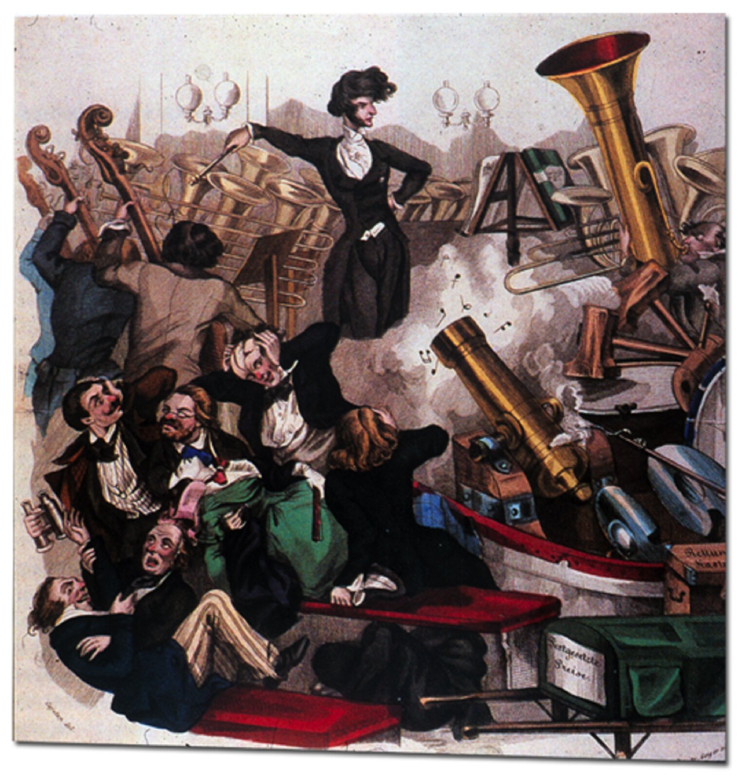 Ilustracja przedstawia: Karykatura Hectora Berlioz dyrygującego orkiestrą. Wokół mężczyzny znajdują się muzycy oraz słuchacze, którzy pospadali z ławek i zatykają uszy. Patrzą ze zdziwieniem na mężczyznę. Berlioz dumnie dyryguje orkiestrą, ubrany w ciemny frak.