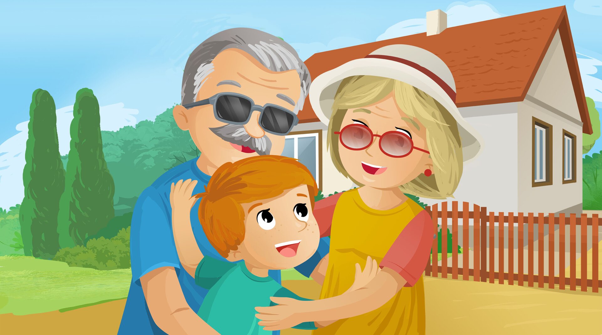 Na ilustracji znajduje się chłopiec odwiedzający dziadków.