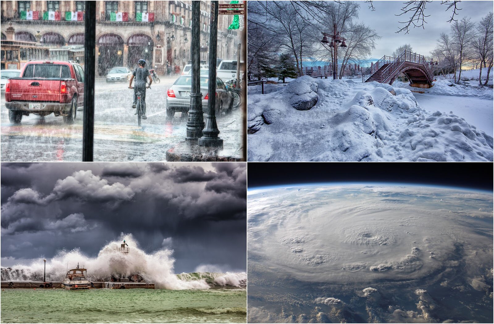 Ilustracja składa się z 4 zdjęć przedstawiających różne ekstremalne warunki pogodowe. Na zdjęciu w lewym górnym rogu widoczny jest ulewny deszcz padający w mieście. Widoczna jest ulica, po której jadą pojedyncze samochody oraz rowerzysta. W tle widoczne są budynki. Na zdjęciu w prawym górnym rogu widoczny jest wąski i wysoki mostek nad zamarzniętą rzeką, wokół której wszystko jest pokryte grubą warstwą śniegu. Na zdjęciu w lewym dolnym rogu widoczna jest przystań, przy której jest zacumowana mała łódka. Przed łódką i przystanią widoczne są rozbijające się i piętrzące się fale. Niebo jest ciemne, przesłonięte ciemnoszarymi chmurami, które wiszą nisko nad niespokojną wodą. Na zdjęciu w prawym dolnym rogu widoczny jest wir z kłębiących się chmur nad ziemią widzianą z kosmosu.
