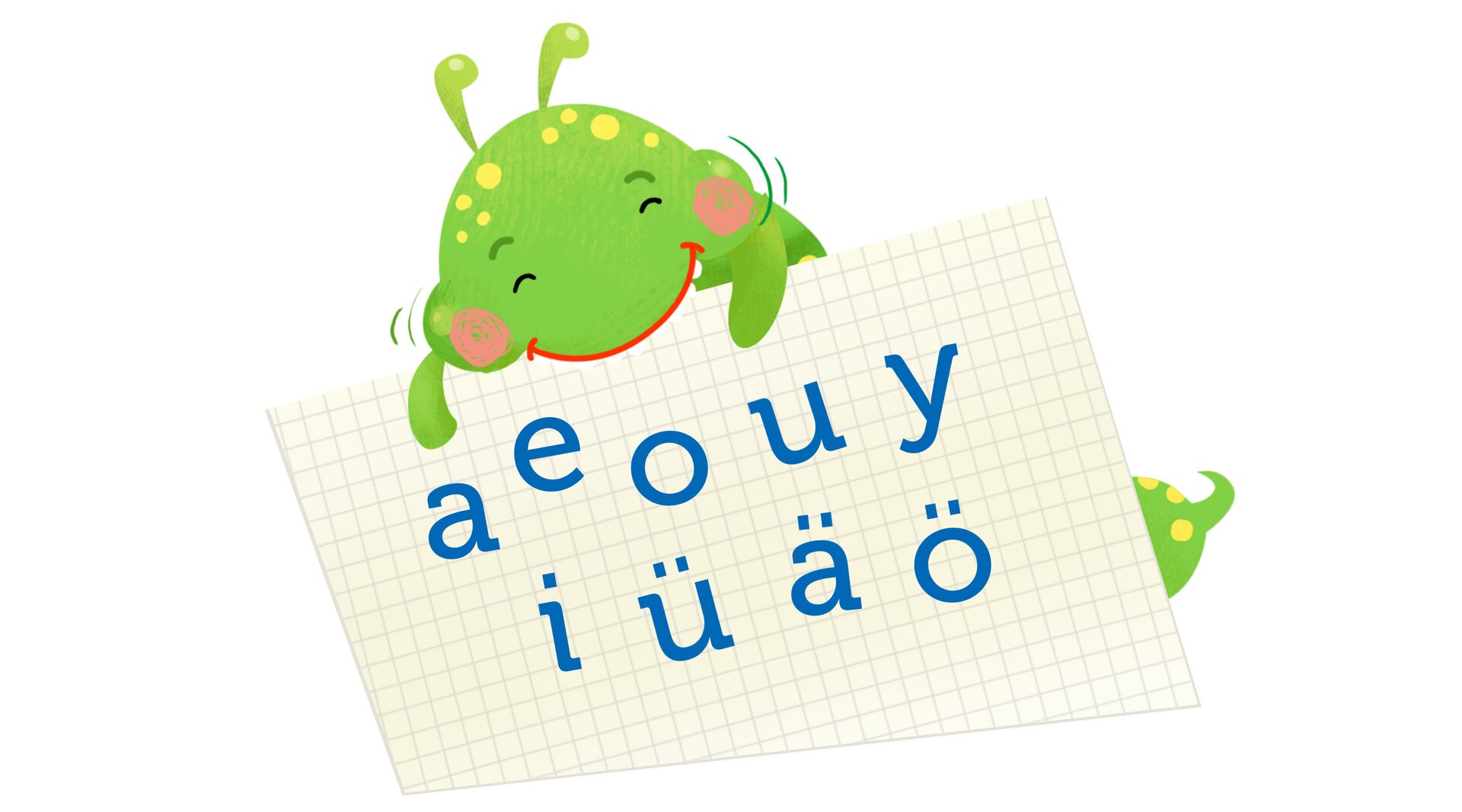 Na ilustracji znajduje się gąsienica gryząca kartkę, na której wypisane są samogłoski.