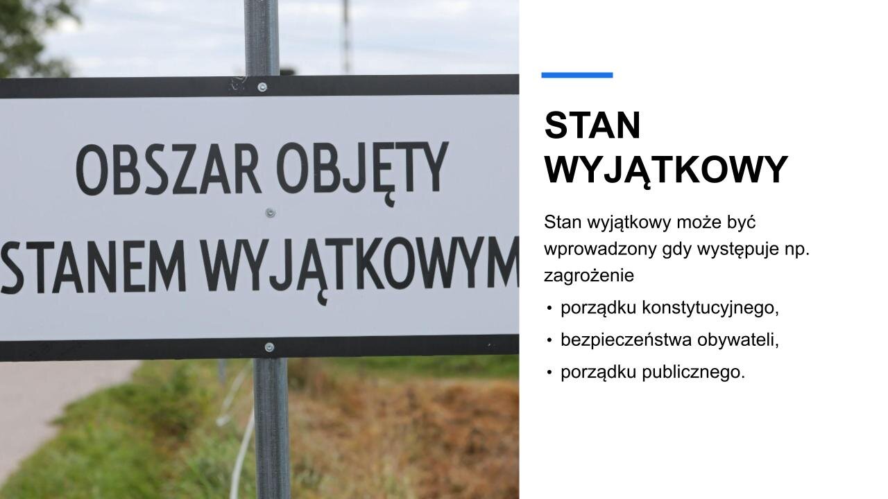 Biały slajd. Z lewej strony zdjęcie przedstawiające biały znak z czarną ramką. Na znaku napis: „Obszar objęty stanem wyjątkowym”. W tle, za znakiem, fragment asfaltowej drogi oraz łąka. Z prawej strony slajdu nagłówek: „Stan wyjątkowy”, a poniżej tekst: „Stan wyjątkowy może być wprowadzony, gdy występuje na przykład zagrożenie: porządku konstytucyjnego, bezpieczeństwa obywateli, porządku publicznego”.