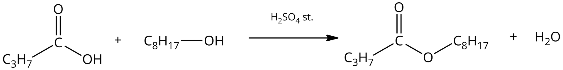 Ilustracja przedstawia równanie reakcji estryfikacji. Cząsteczka kwasu butanowego zbudowana z grupy propylowej C3H7 związanej z atomem węgla połączonym za pomocą wiązania podwójnego z atomem tlenu oraz za pomocą wiązania pojedynczego z grupą hydroksylową OH. Dodać cząsteczka oktanolu zbudowana z grupy C8H17 połączonej z grupą hydroksylową OH. Strzałka w prawo, nad strzałką stężony kwas siarkowy, za strzałką cząsteczka butanianu oktylu zbudowanego z grupy C3H7 połączonej z atomem węgla, który to związany jest za pomocą wiązania podwójnego z atomem tlenu oraz za pomocą wiązania pojedynczego z drugim atomem tlenu podstawionym grupą C8H17. Dodać cząsteczka wody.