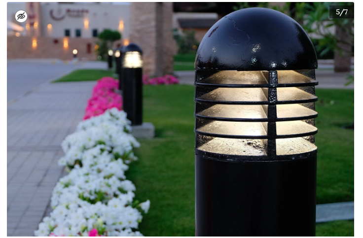 Widok grafiki w trybie prezentacji. Pod nią znajduje się panel opcji zmiany grafik za pomocą strzałek, a także opcja dodatkowych informacji. Grafika przedstawia czarną lampę ogrodową w postaci słupka zbudowaną na trawie obok kwiatów.