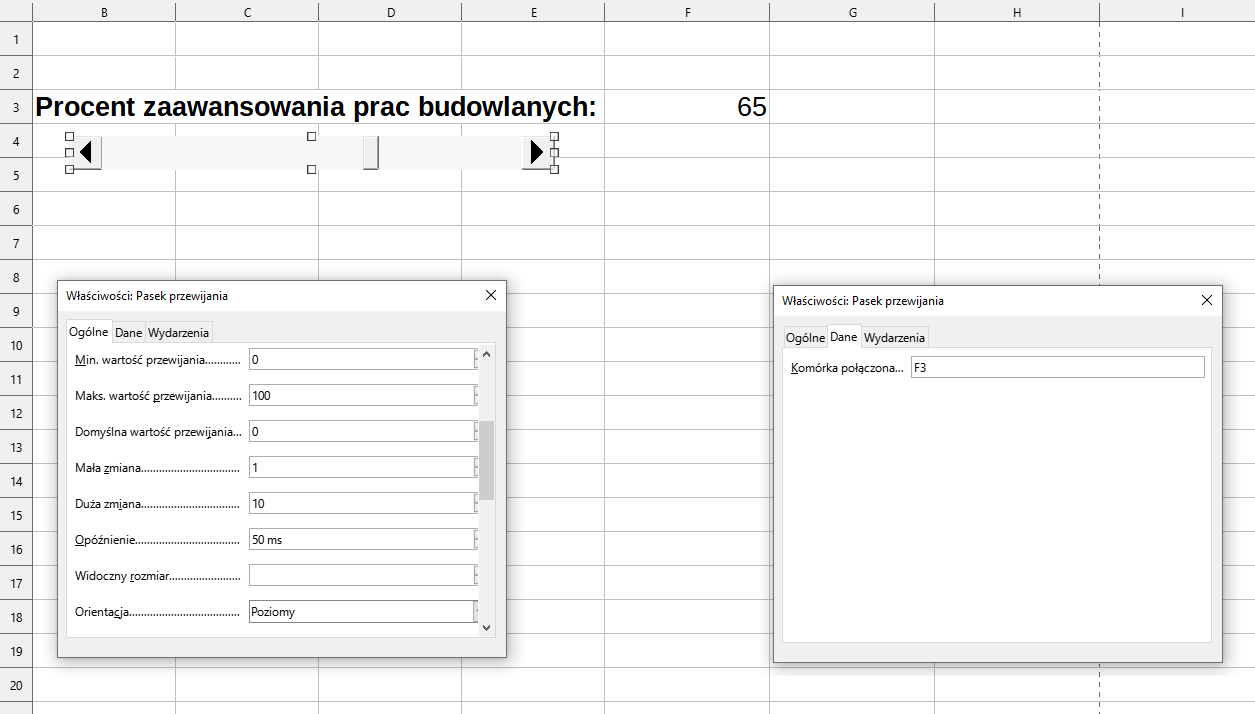 Ilustracja przedstawia arkusz kalkulacyjny. W komórkach napis: Procent zaawansowania  prac budowlanych. Poniżej pasek przewijania. Następnie dwa okna dialogowe. Jedno o nazwie: Właściwości - pasek przewijania. Drugie: Właściwości - pasek przewijania. Tam w Danych wpisano komórkę połączoną F3.   