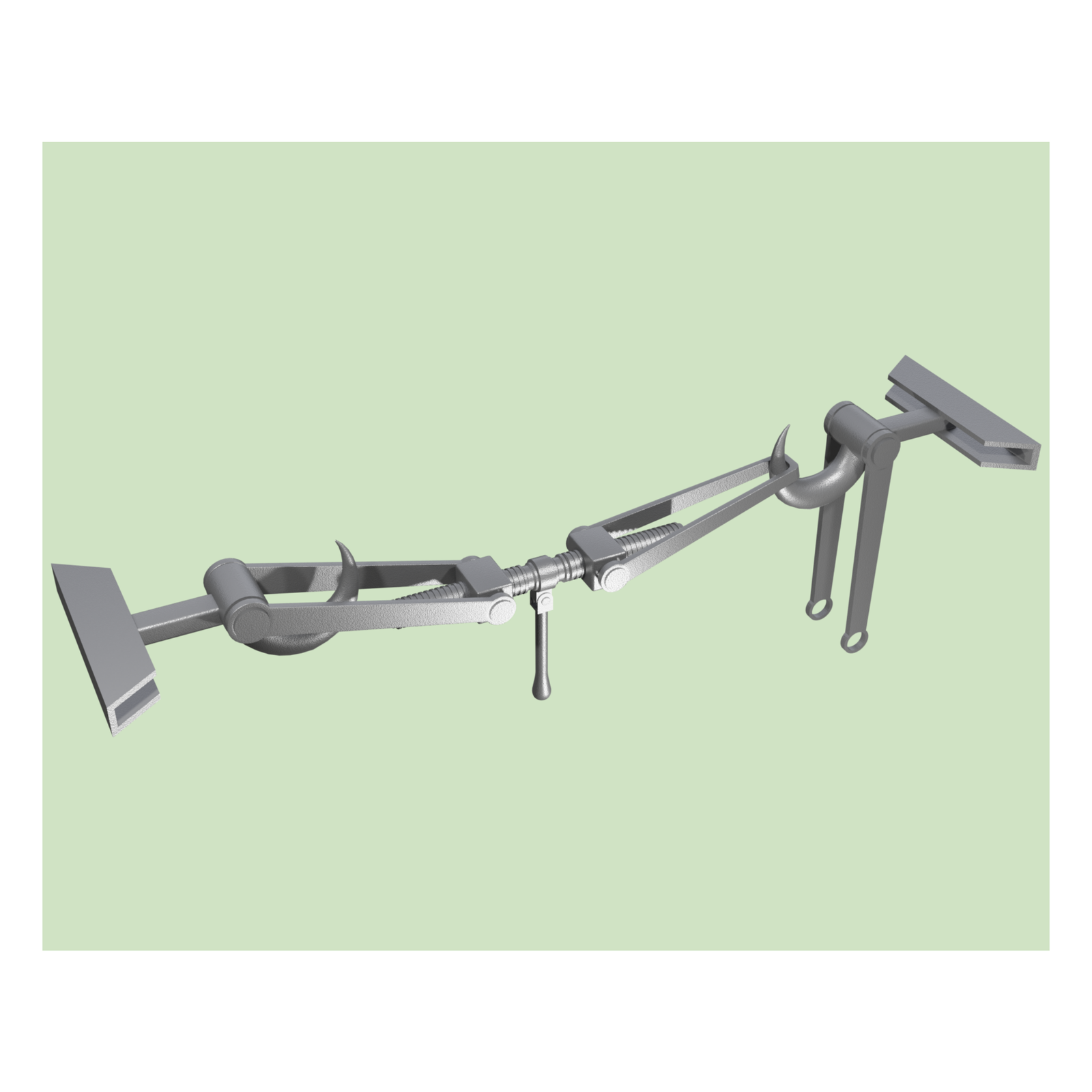 Grafika przedstawia sprzęg śrubowy. Z obu stron znajdują się uchwyty w kształcie wielkiej litery Te z szerokim daszkiem. Do uchwytów przymocowane są haki na zawiasach. Na obydwu zawiasach przykręcone są łubki. Łubek z lewej strony posiada na drugim końcu przykręconą sprężynę, na której drugim końcu zamocowany jest uchwyt, zahaczony o prawy hak. Łubek z prawej strony wisi luźno. Na środku sprzęgu znajduje się dwustronna śruba łącząca łubki. Na środku śruby, między łubkami, znajduje się uchwyt służący do dokręcania śruby.