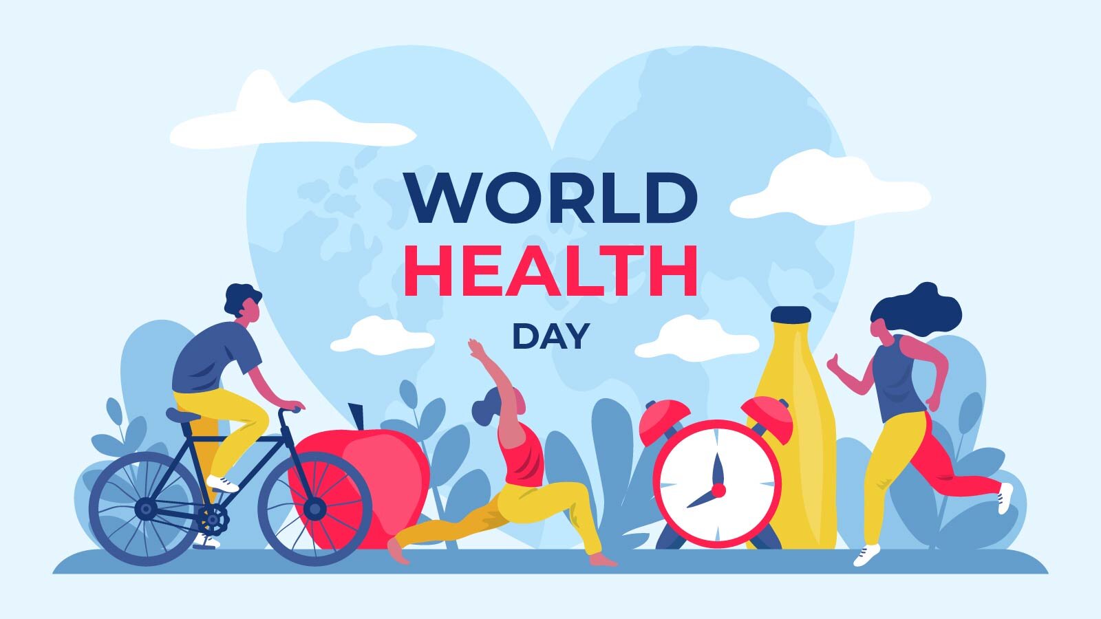Ilustracja przedstawia trzy osoby, pierwsza jedzie na rowerze, druga robi wykrok z rękami uniesionymi do góry, trzecia biegnie. W tle jest duże serce z napisem World Health Day, a obok zegar, jabłko i butelka.