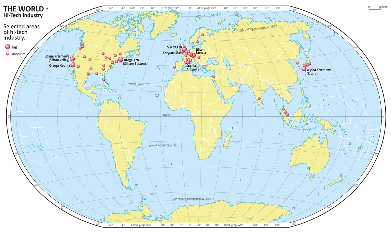 Ilustracja przedstawia mapę świata. Na mapie za pomocą kół zaznaczono wybrane obszary przemysłu zaawansowanych technologii. Duże kółko obrazuje duże obszary, kółko mniejsze obrazuje obszary średnie. W Japonii szczególnie wyróżniona została Wyspa Krzemowa. W Europie wyróżniono Silicon Bavaria, Korytarz M4, Sophia Antipolis oraz Silicon Fen. W Stanach Zjednoczonych wyróżnione zostały Dolina Krzemowa, Orange County i Silicon Boston. Duże sygnatury występują na zachodnim i wschodnim wybrzeżu Stanów Zjednoczonych, mniejsze porozrzucane są równomiernie na całym obszarze Stanów Zjednoczonych. W Europie jest duże zagęszczenie sygnatur obydwu rozmiarów. W Azji przemysł zaawansowanych technologii skupiony jest w Japonii, Korei Południowej i Malezji.