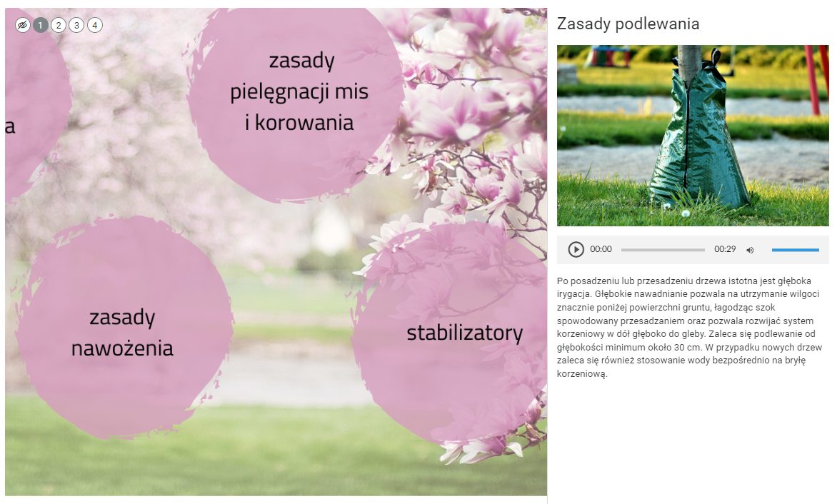 Grafika przedstawia widok na wybrany punkt interaktywny. Po prawej stronie wyświetla się plansza z napisem, zdjęciem i opisem zagadnienia.