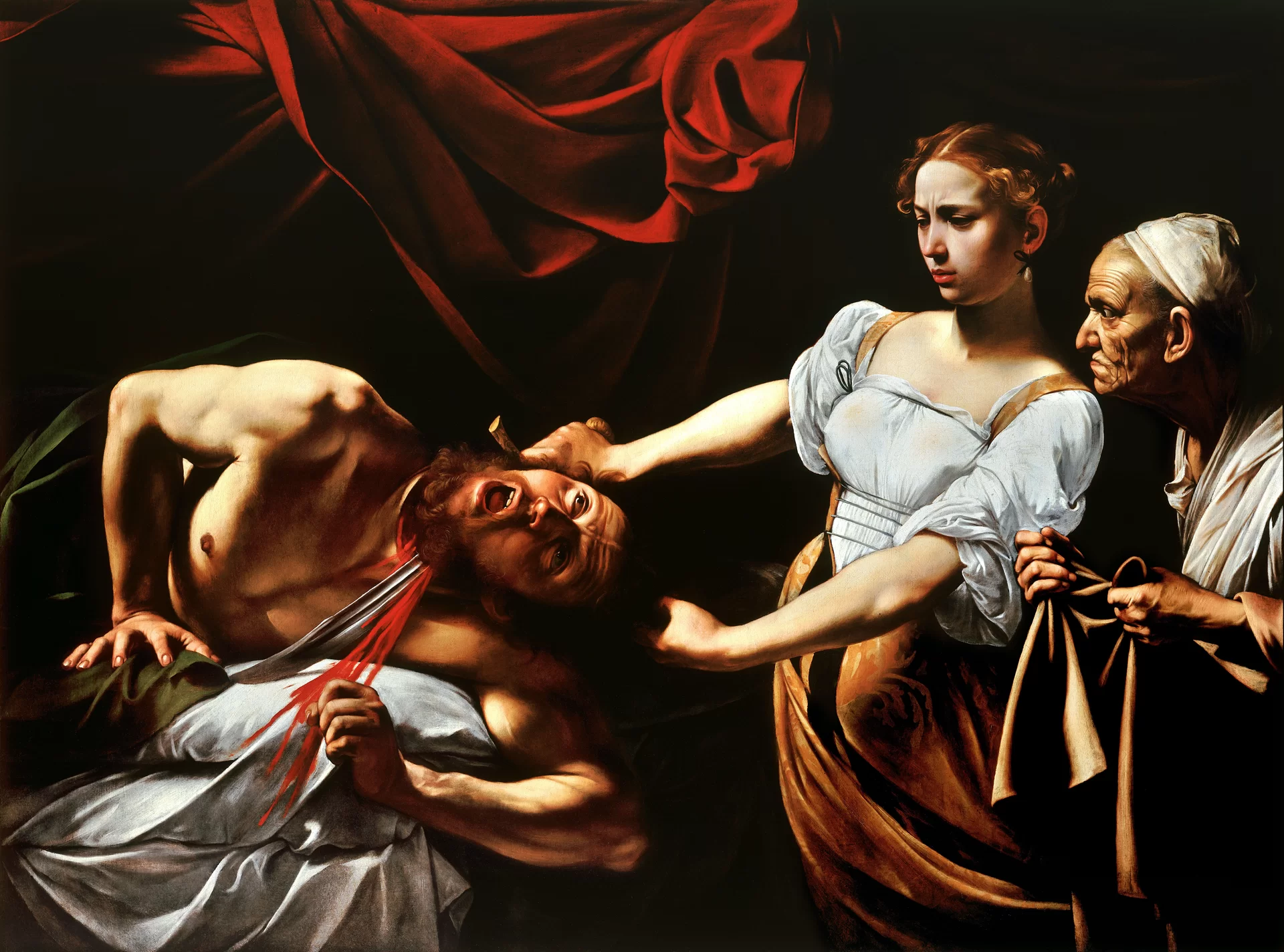 Ilustracja o kształcie poziomego prostokąta przedstawia obraz Caravaggia „Judyta odcinająca głowę Holofernesowi”. Ukazuje kobietę odcinającą mieczem głowę leżącemu mężczyźnie, której towarzyszy stara służąca, trzymająca worek na ściętą głowę. Z szyi Holofernesa tryska krew. Na jego twarzy widoczne jest przerażenie. Judyta ma na sobie białą koszulę i brązową suknię, włosy spięte zaplecione po bokach. Na jej twarzy rysuje się powaga i skupienie. Z prawej strony obrazu stoi służąca przypatrująca się morderstwu. Ma na sobie białą szatę i białą chustkę na głowie. Nad Holofernesem umieszczona jest czerwona, udrapowana kotara. Scena ukazana jest na czarnym tle.