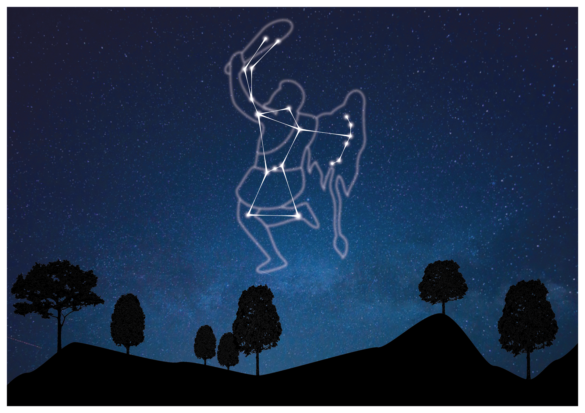 Ilustracja przedstawia gwiazdozbiór Oriona (Orion) na nocnym niebie. Dla lepszego efektu, gwiazdy połączono odcinkami i narysowano na nich kształt postaci z mitologii greckiej - Oriona.