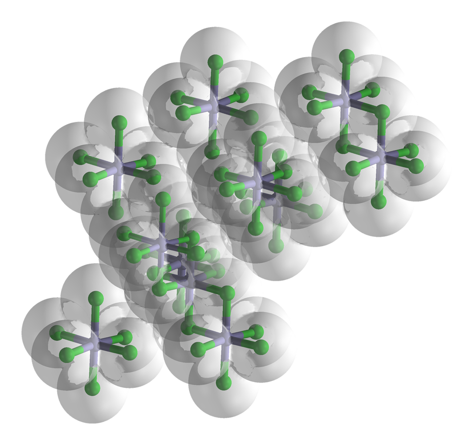 Ilustracja przedstawia strukturę kryształu chlorku żelaza. Kryształy te tworzą sieć heksagonalną.