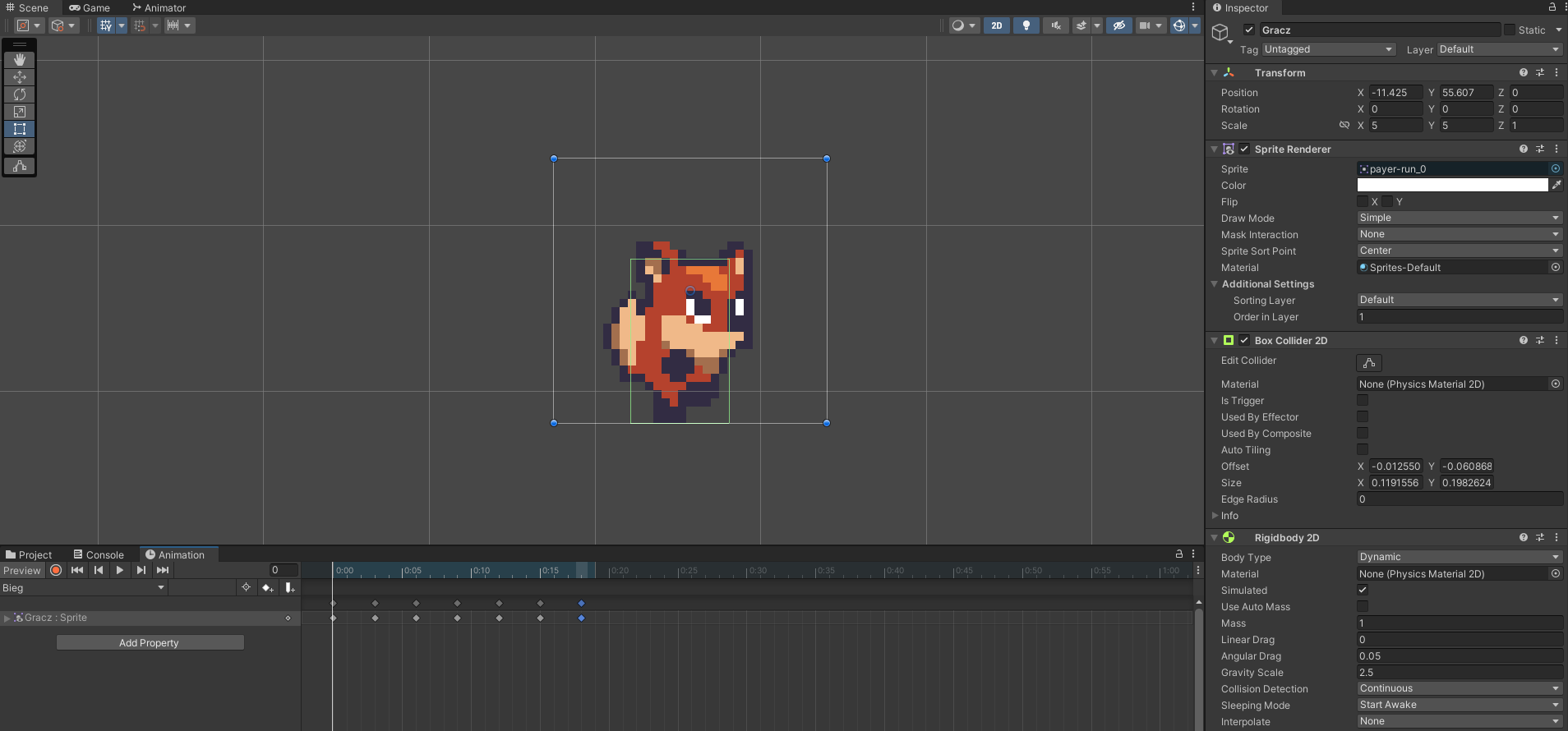 Zrzut ekranu przedstawia grafikę lisa w programie Unity. Lis jest trochę zwrócony w prawą stronę. Jego prawa noga jest podniesiona do góry w prawo. Wokół centralnej części programu są różne opcje, ikonki, przyciski do edytowania lisa.