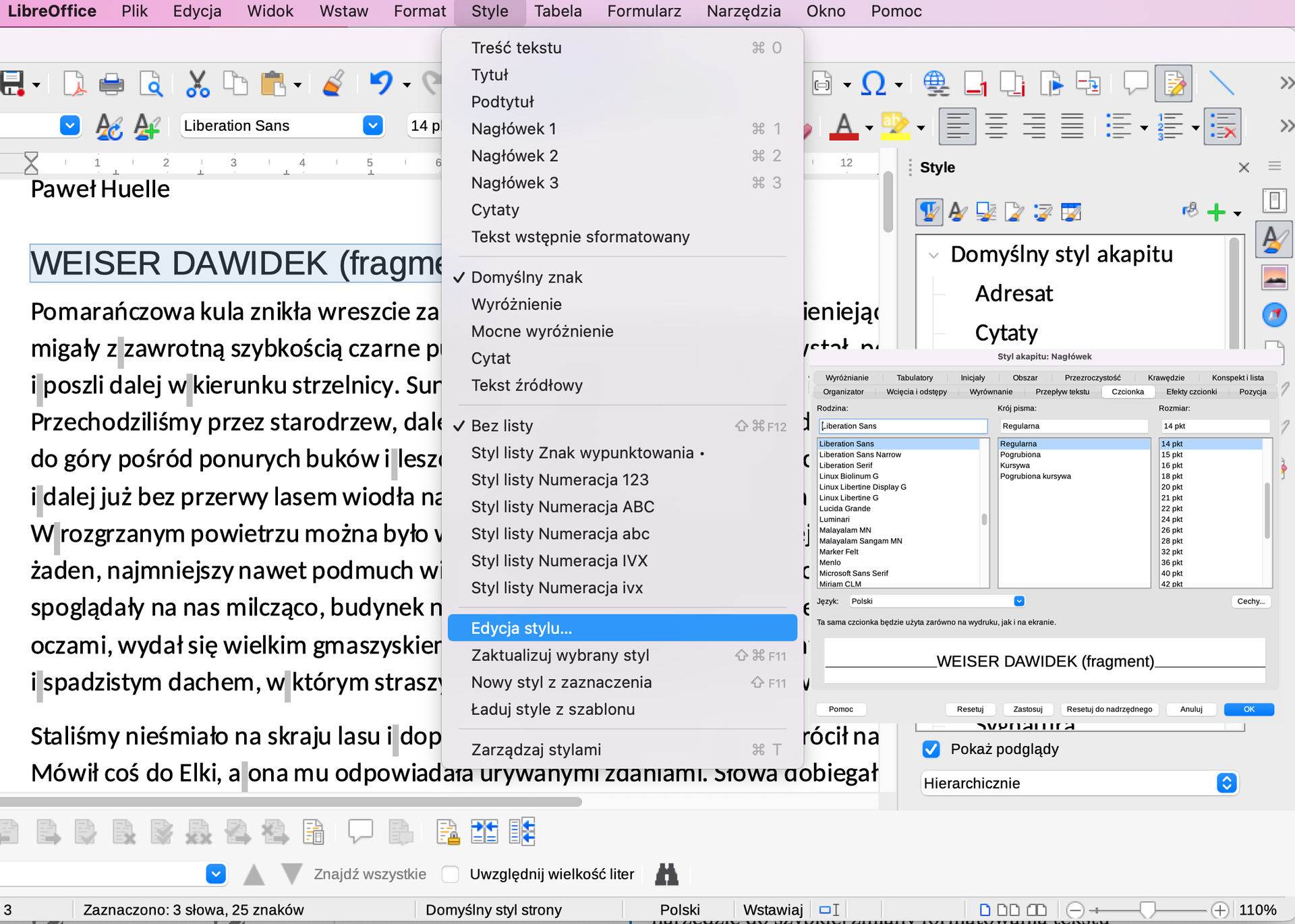 Ilustracja dotyczy edycji stylu w LibreOffice. Z zakładki Style z listy wybrano Edycję stylu. Obok otwarte okno o nazwie: Styl akapitu: nagłówek. Tu z opcji wybrano: rodzina Liberation Sans, krój pisma: Regularna, Rozmiar 14 punktów.  