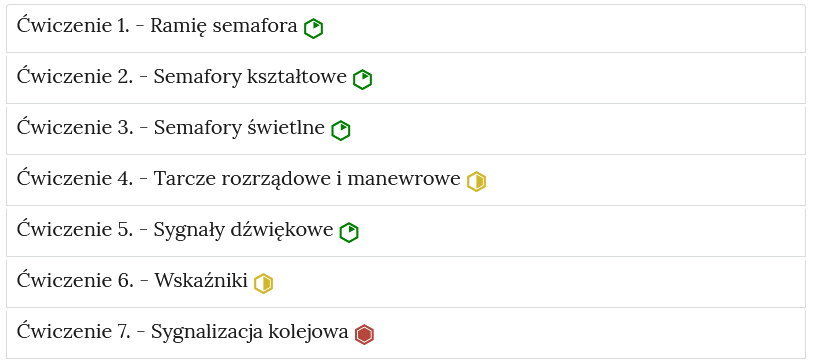 Zrzut ekranu przedstawia przykładowy wygląd zakładek z interaktywnymi materiałami sprawdzającymi. Widoczne jest siedem zakładek z ćwiczeniami, na każdej zakładce jest numer ćwiczenia i jego tytuł. Po tytule widać symbol poziomu trudności danego ćwiczenia. Przykład tekstu na pasku zakładki. Ćwiczenie 1 myślnik ramię semafora.