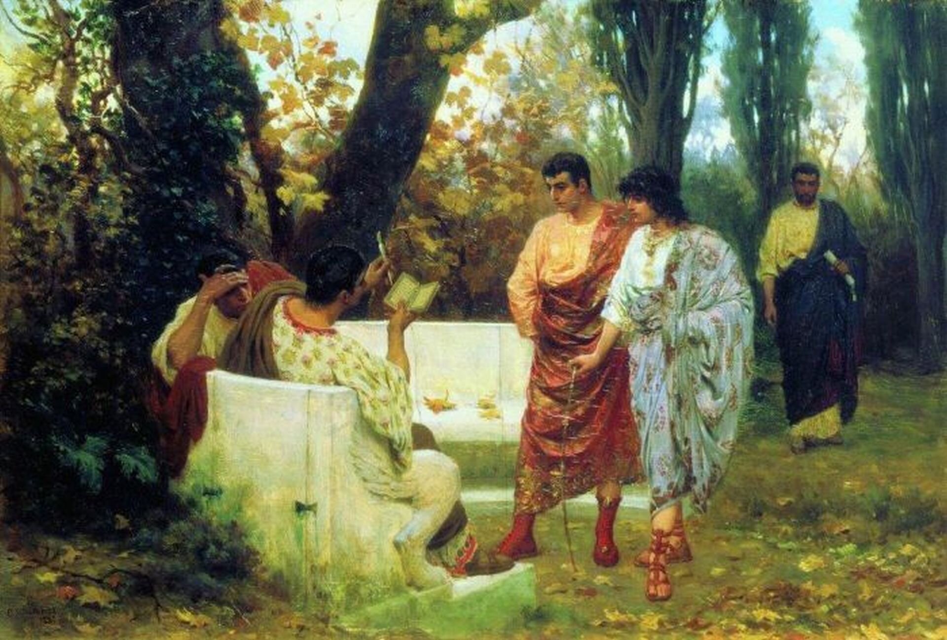 Ilustracja przedstawia obraz Stefana Bakałowicza pod tytułem „Katullus w Pallium”. Mężczyźni znajdują się w pięknym zielonym, zadrzewionym parku. Dwóch mężczyzn siedzi na ławkach, jeden z nich ma w ręce papirus, z którego wyczytuje treści dwom, stojącym, zaciekawionym młodzieńcom.