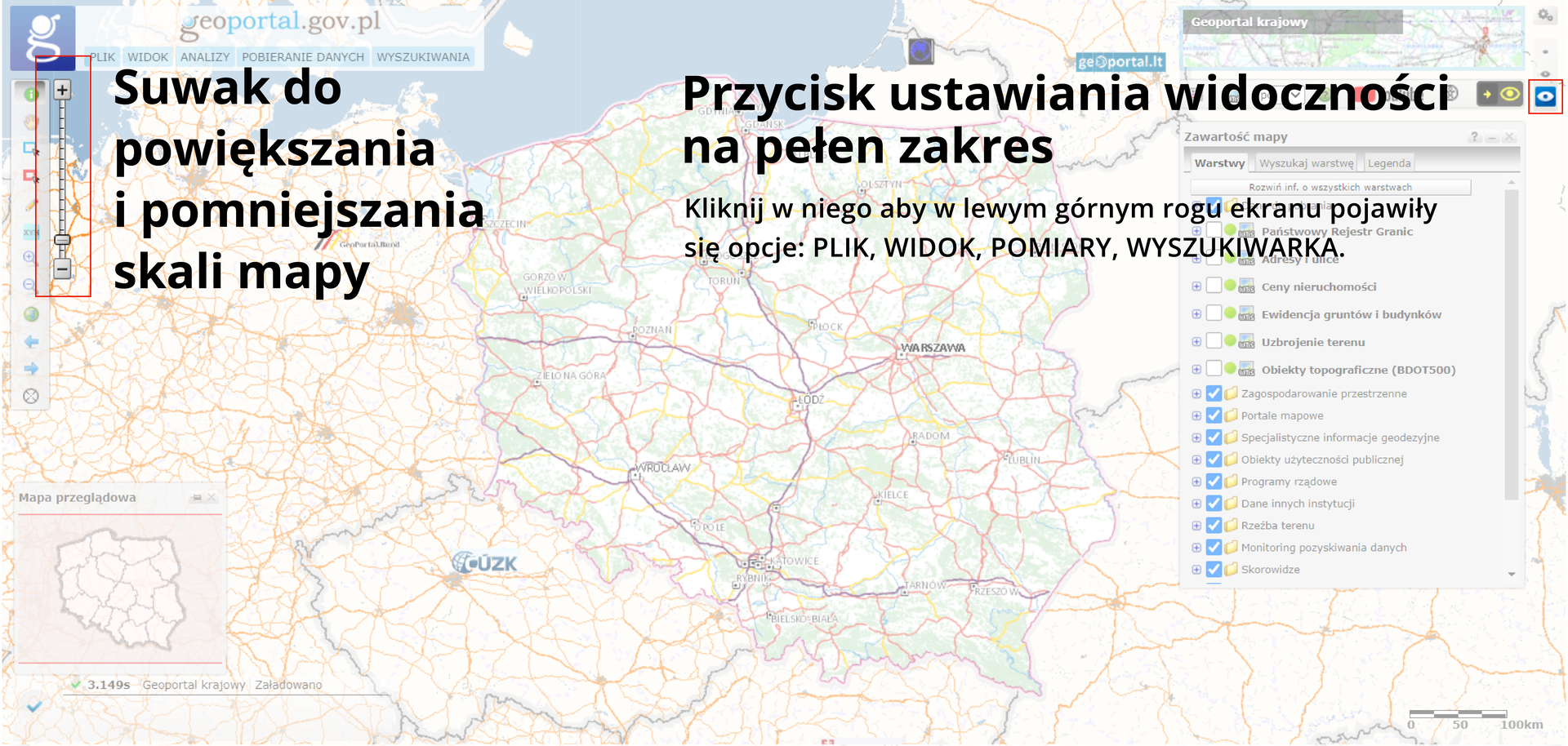 Galeria składa się z trzech ilustracji. Pierwsza ilustracja przedstawia sposób korzystania z aplikacji internetowej Geoportal. Widoczna jest na niej mapa Polski wyświetlana w aplikacji. Jest nieco zaciemniona, dla większej czytelności opisu tylko aktualnie omawiane elementy interfejsu są w pełnych kolorach. W tym przypadku po lewej stronie jest to narzędzie do zmiany skali mapy, pod którym znajduje się napis: „Suwak do powiększania i pomniejszania skali mapy”. Po prawej stronie przycisk do ustawienia maksymalnego zakresu mapy w polu widoku z podpisem: „Przycisk ustawiania widoczności na pełny zakres. Kliknij w niego, aby w lewym górnym rogu ekranu pojawiły się opcje: PLIK, WIDOK, POMIARY, WYSZUKIWARKA”.