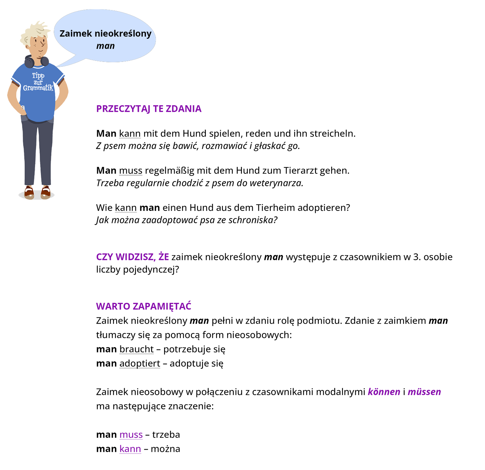 Ilustracja zawiera poradę językową.
Ilustracja nosi tytuł Zaimek nieokreślony man. Przedstawia chłopca w niebieskich spodniach i niebieskiej bluzce z napisem: Tipp zur Grammatik.
Pozostałą część ilustracji stanowi tekst, którego treść wyświetla się w trybie dostępności.