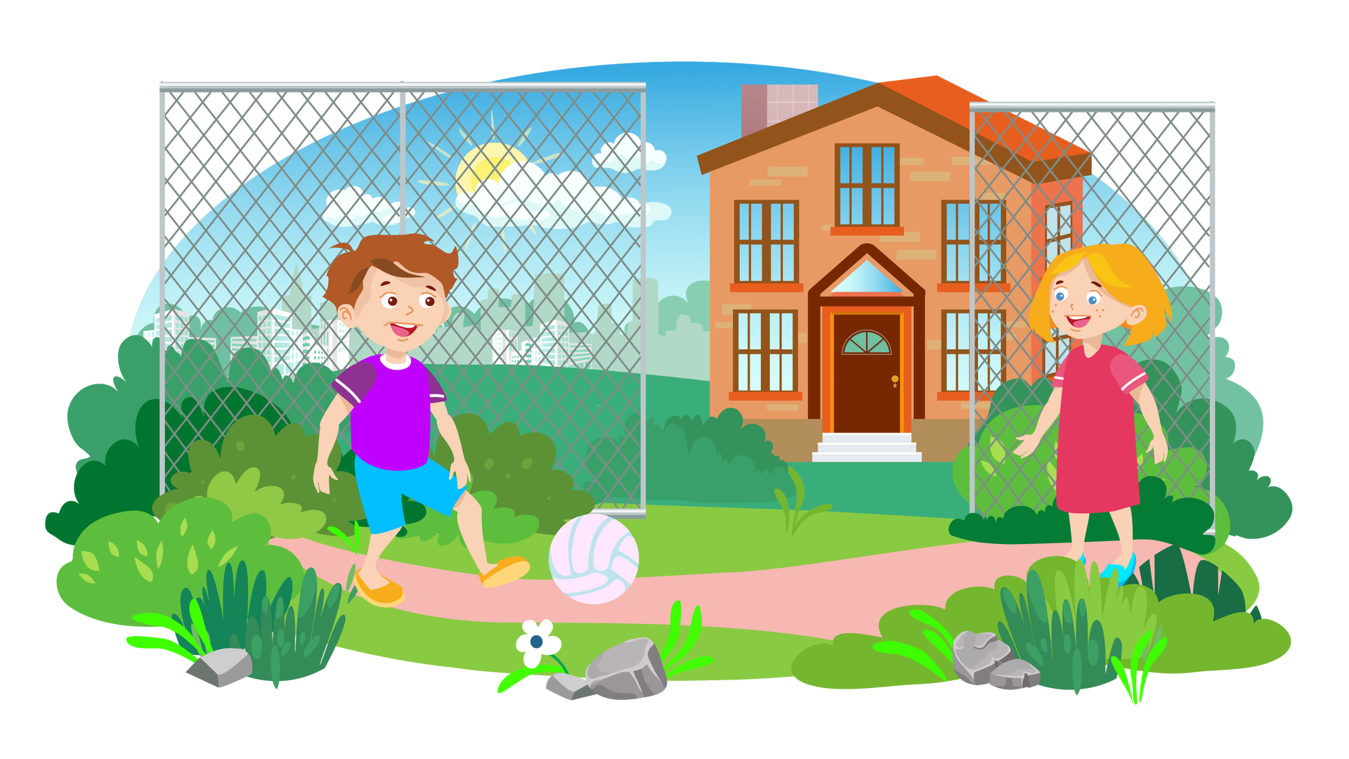 Ilustracja przedstawia podwórko. W tle widać błękitne niebo ze słońcem i chmurami oraz panoramę miasta. Dookoła rozciąga się teren porośnięty zieloną trawą i licznymi krzewami. Na pierwszym planie leżą pojedyncze szare kamienie i rośnie mały biały kwiatek. Po prawej stronie stoi piętrowy dom z czerwonej cegły. Ma czerwony dach, szary komin, duże brązowe okna z czerwonymi parapetami i duże ciemnobrązowe drzwi, do których prowadzą trzy białe schodki. Nieco bliżej stoi wysoki szary płot z siatki z przejściem wydzielonym mniej więcej pośrodku. Przed płotem biegnie w poprzek ilustracji ścieżka, na której znajduje się dwoje dzieci. Po lewej stronie jest chłopiec o brązowych włosach, ubrany w fioletową koszulkę z krótkimi rękawami, krótkie niebieskie spodnie i pomarańczowe buty z żółtymi podeszwami. Uśmiecha się, patrzy na dziewczynkę i kopie do niej piłkę. Dziewczynka stoi po prawej stronie. Ma blond włosy i jest ubrana w ciemnoróżową sukienkę z krótkimi rękawami i błękitne buty. Uśmiecha się i patrzy na piłkę.