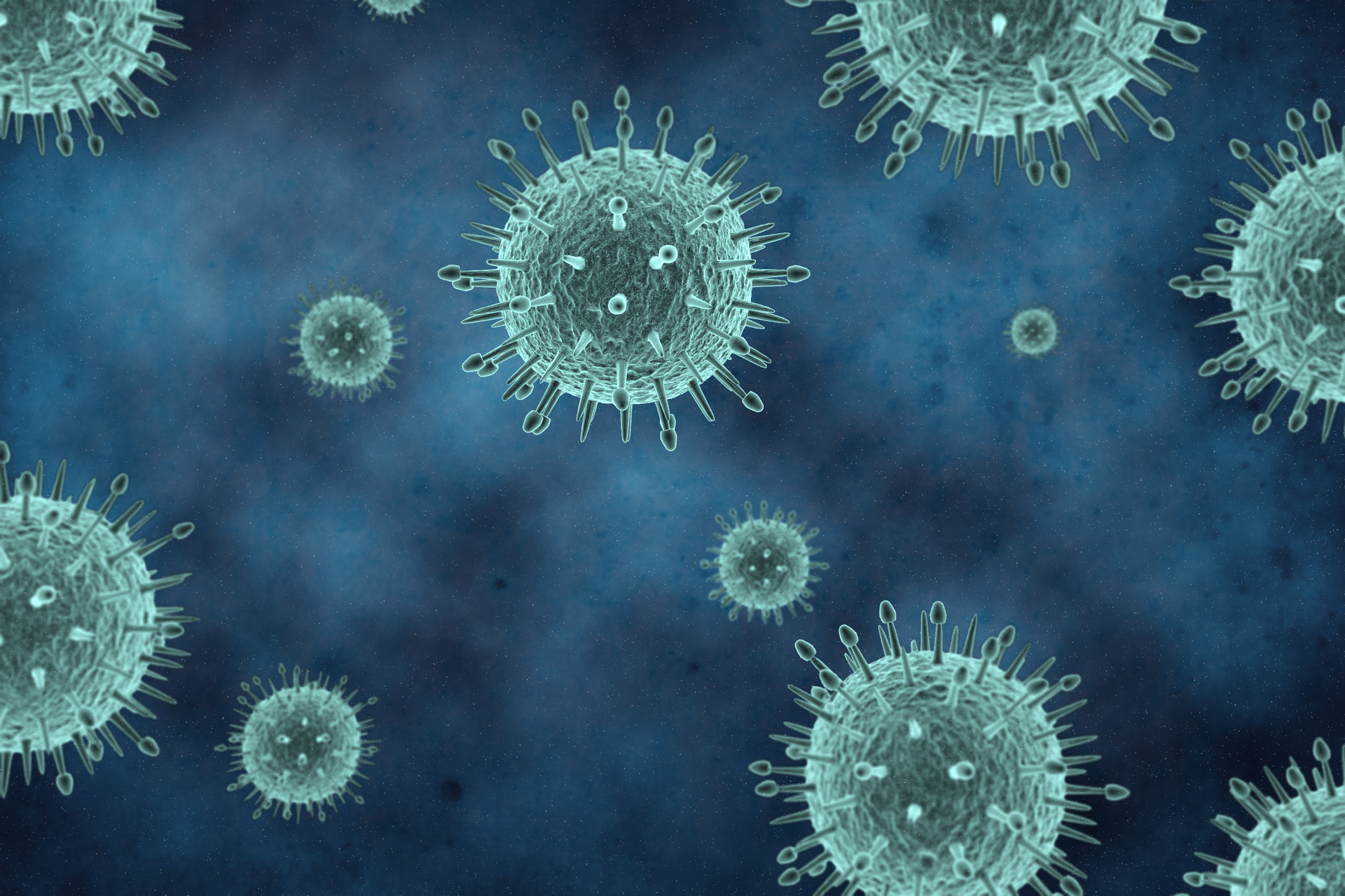 Grafika komputerowa prezentująca, kuliste z wypustkami na powierzchni, wirusy grypy