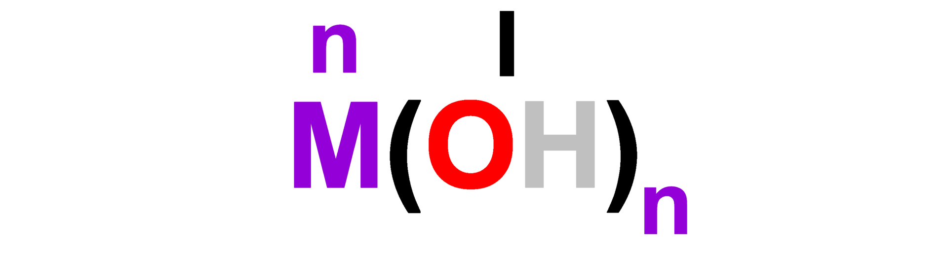 Grafika przedstawia wzór ogólny wodorotlenków. M otwarcie nawiasu OH zamknięcie nawiasu indeks dolny małe n koniec indeksu. Nad dużą literą M została zapisana mała litera n oznaczająca wartościowość metalu, a nad grupą wodorotlenową znajduje się rzymska cyfra jeden. Obie litery n oraz litera M zostały oznaczone kolorem fioletowym. Symbol tlenu został oznaczony kolorem czerwonym, a symbol wodoru kolorem szarym. 